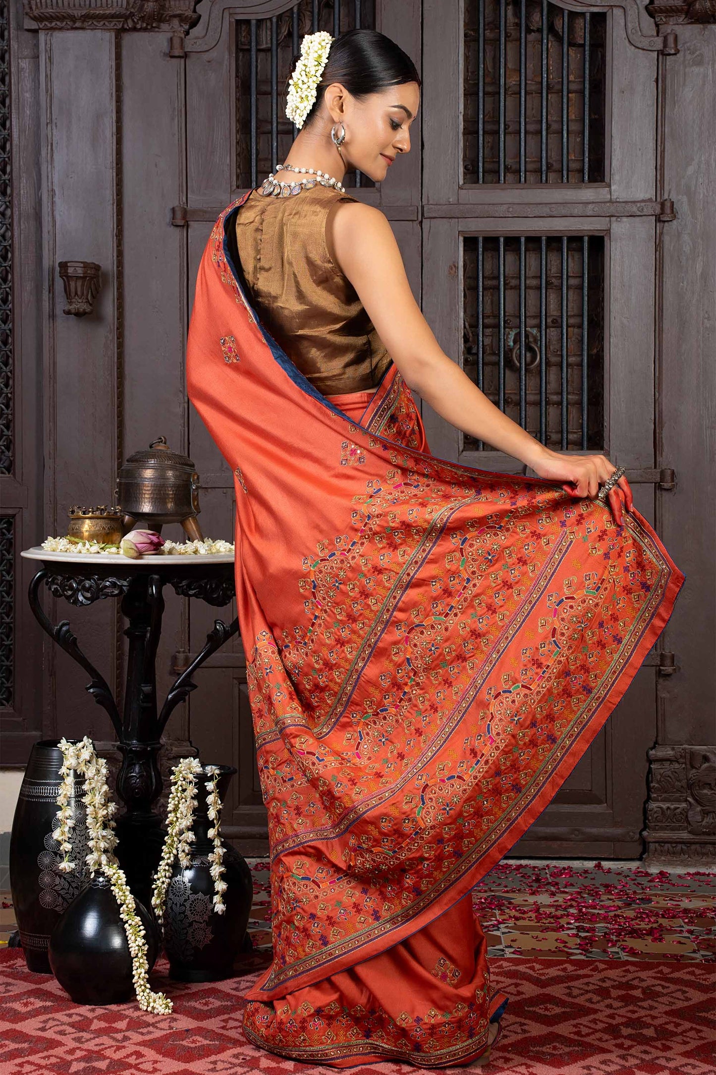 Handcrafted Orange Silk Saree With Fine Khat Embroidery
