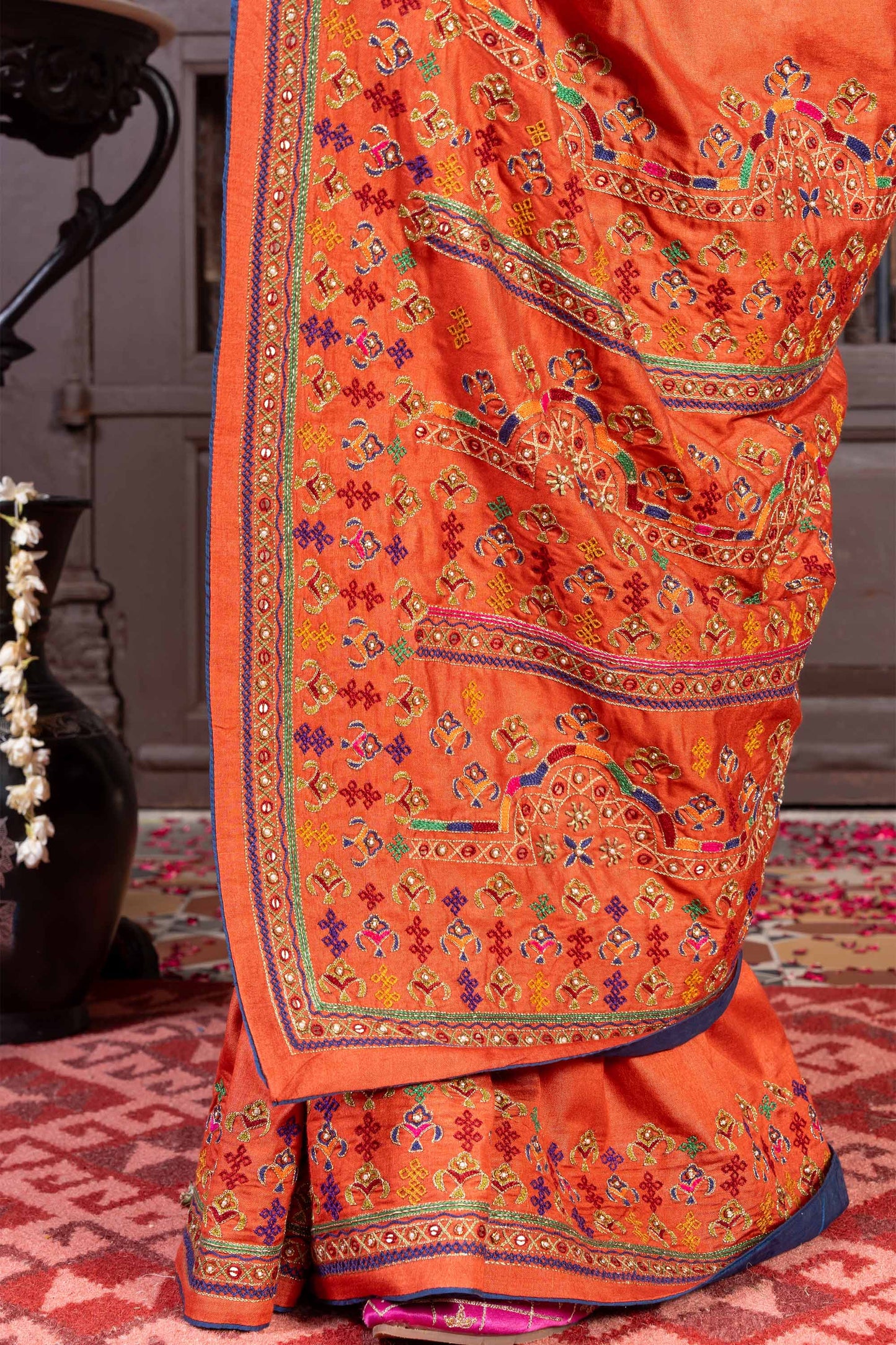 Handcrafted Orange Silk Saree With Fine Khat Embroidery