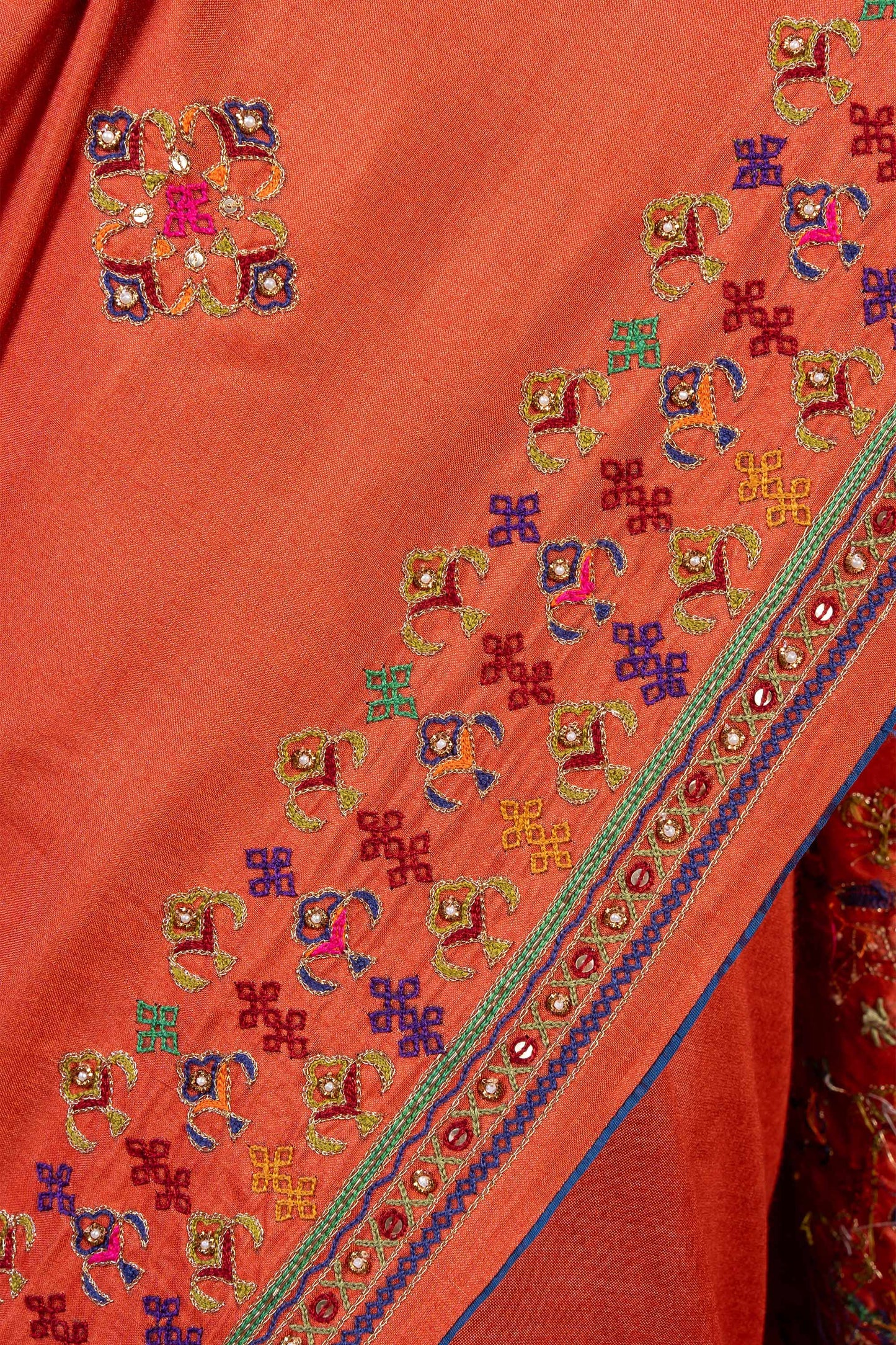Handcrafted Orange Silk Saree With Fine Khat Embroidery