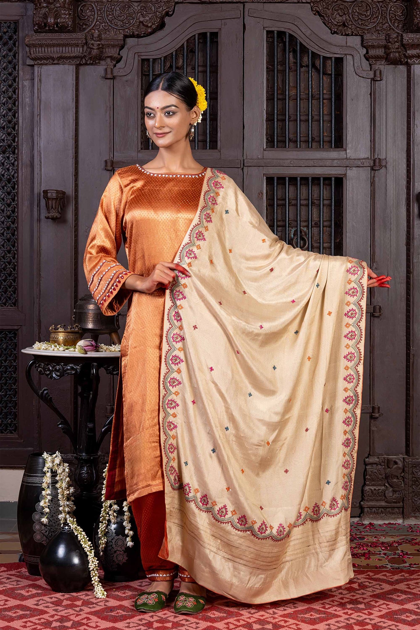 Handcrafted Beige Silk Dupatta With Delicate Rabari Embroidery