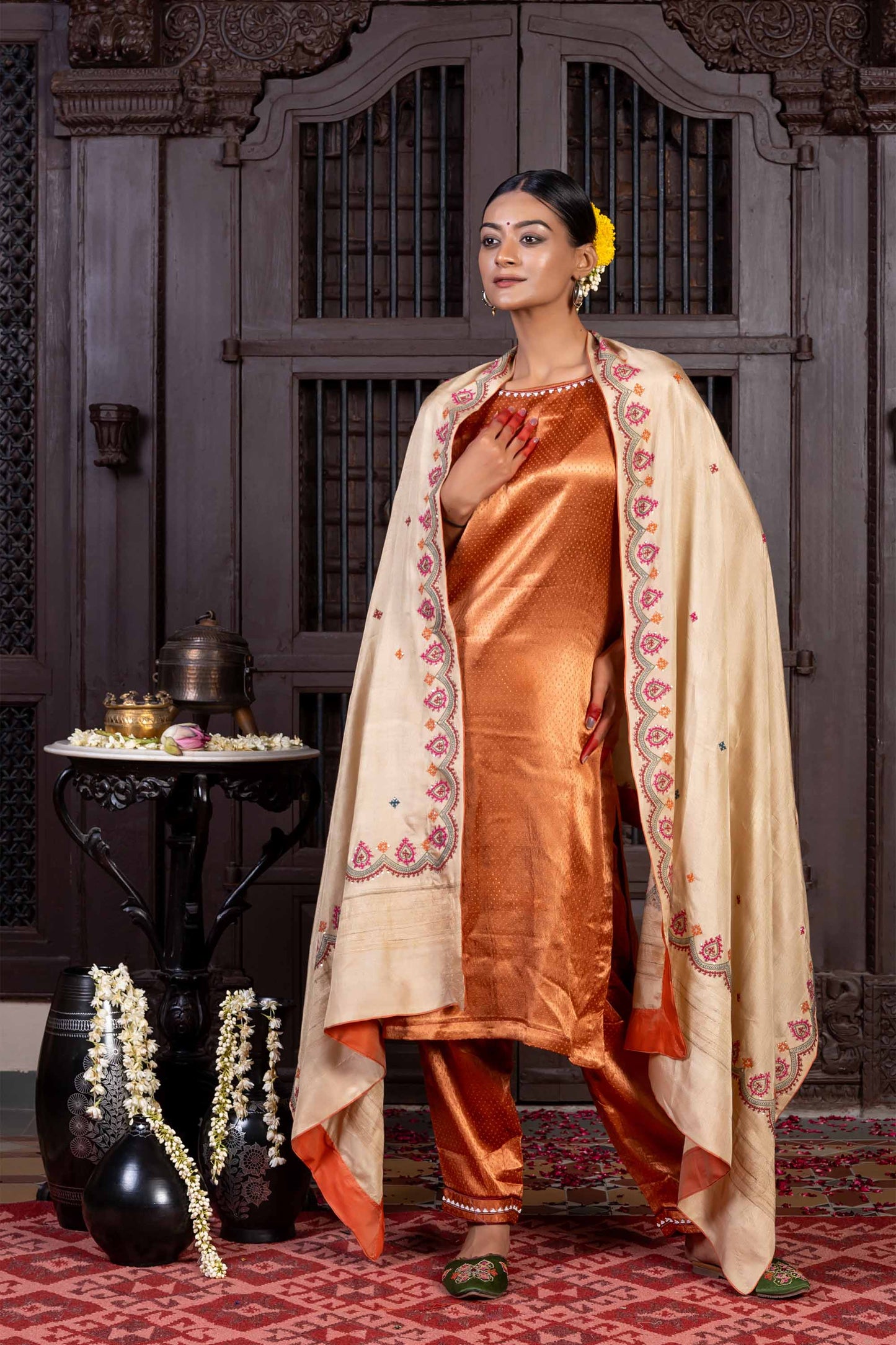Handcrafted Beige Silk Dupatta With Delicate Rabari Embroidery