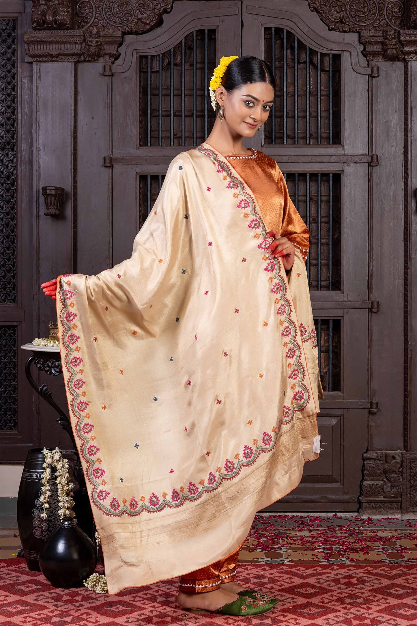 Handcrafted Beige Silk Dupatta With Delicate Rabari Embroidery