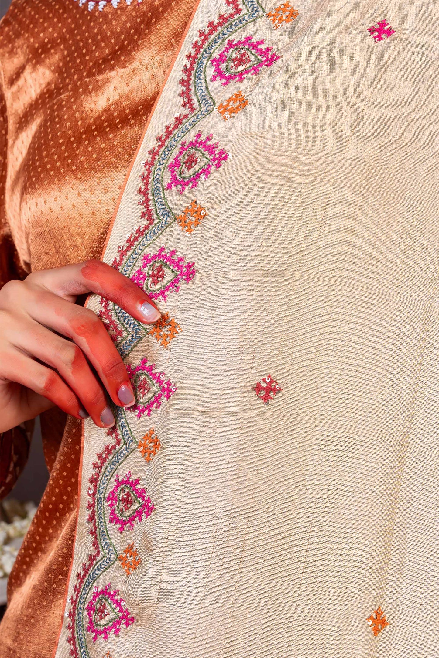 Handcrafted Beige Silk Dupatta With Delicate Rabari Embroidery