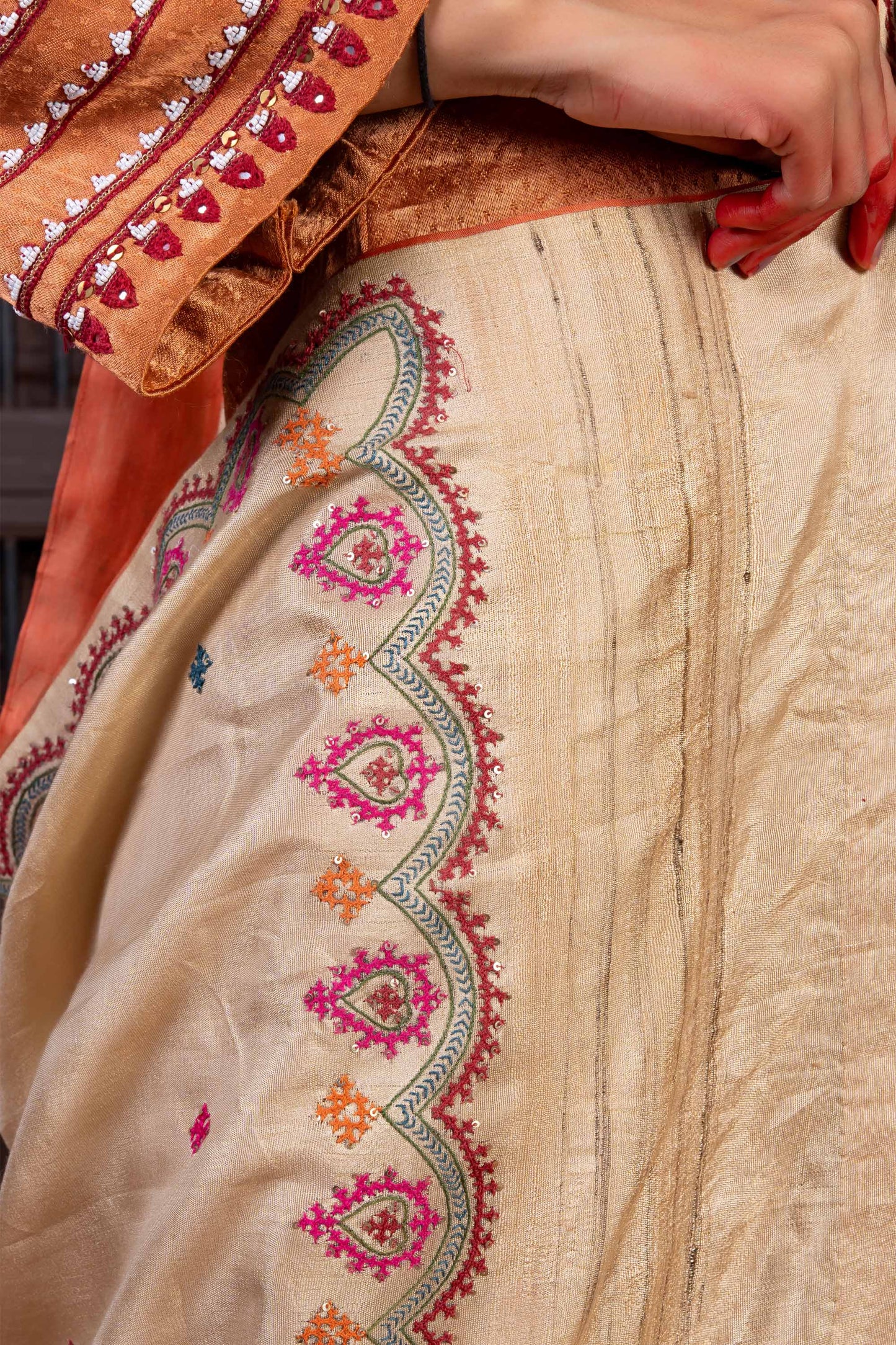 Handcrafted Beige Silk Dupatta With Delicate Rabari Embroidery