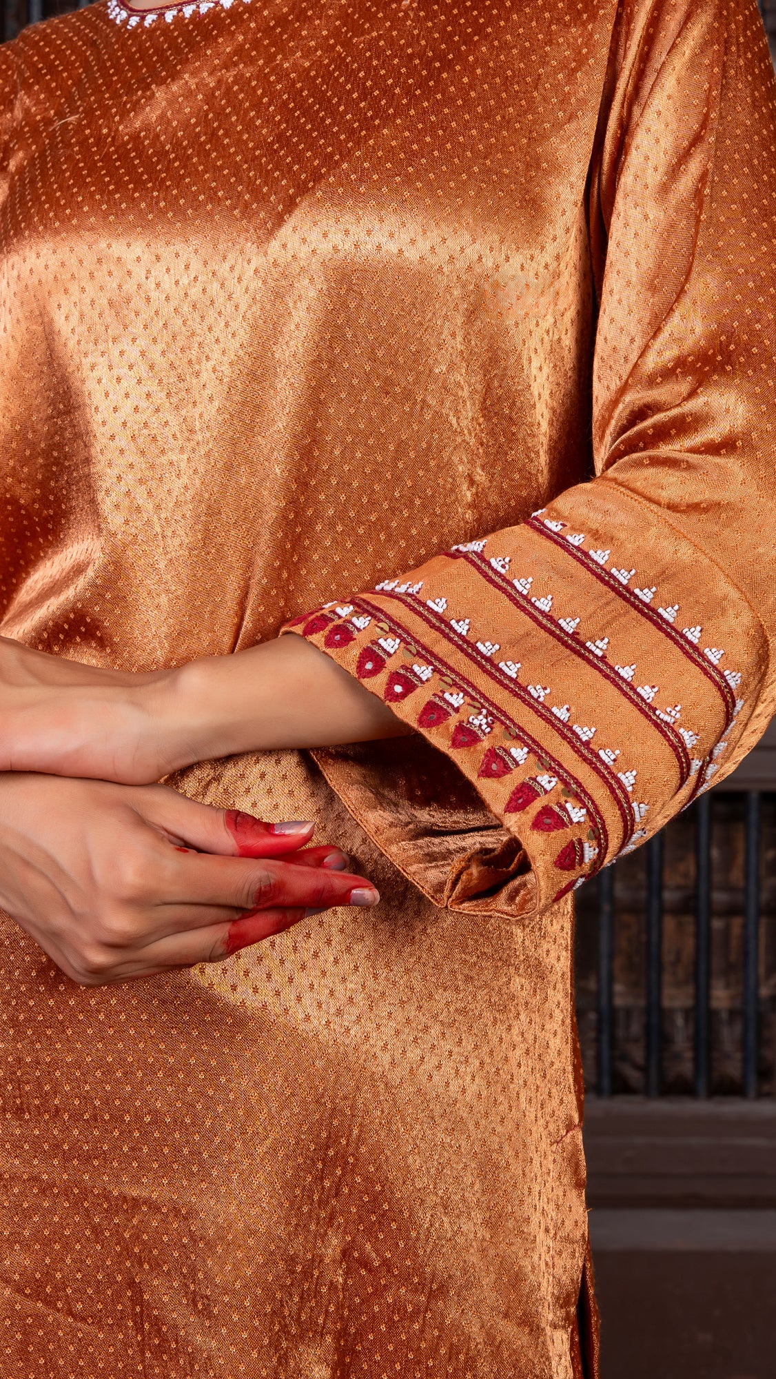 Rust Mashru Kurta Set with Delicate Aari Needlework