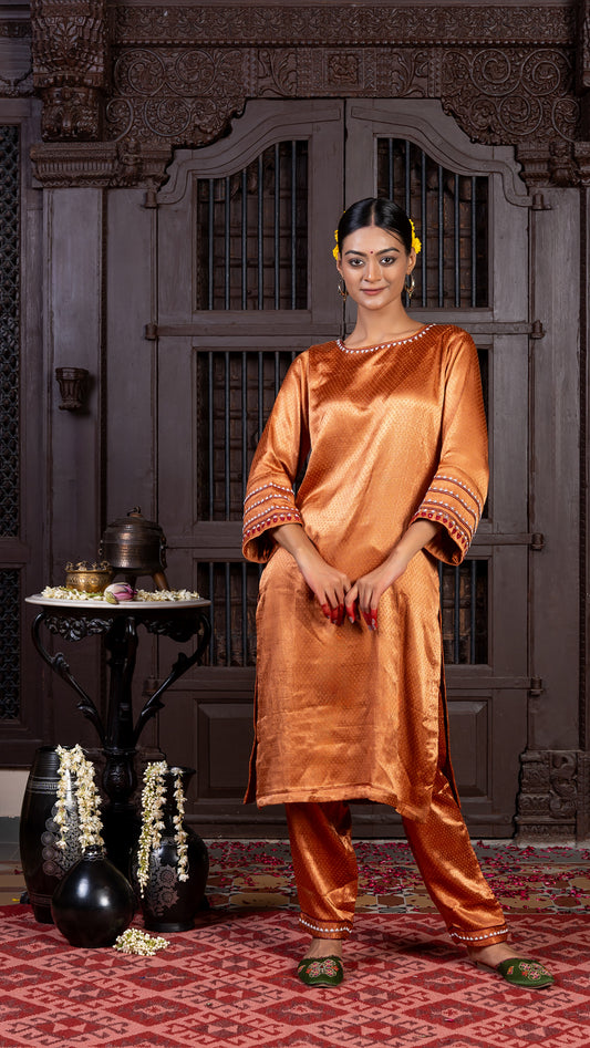Rust Mashru Kurta Set with Delicate Aari Needlework