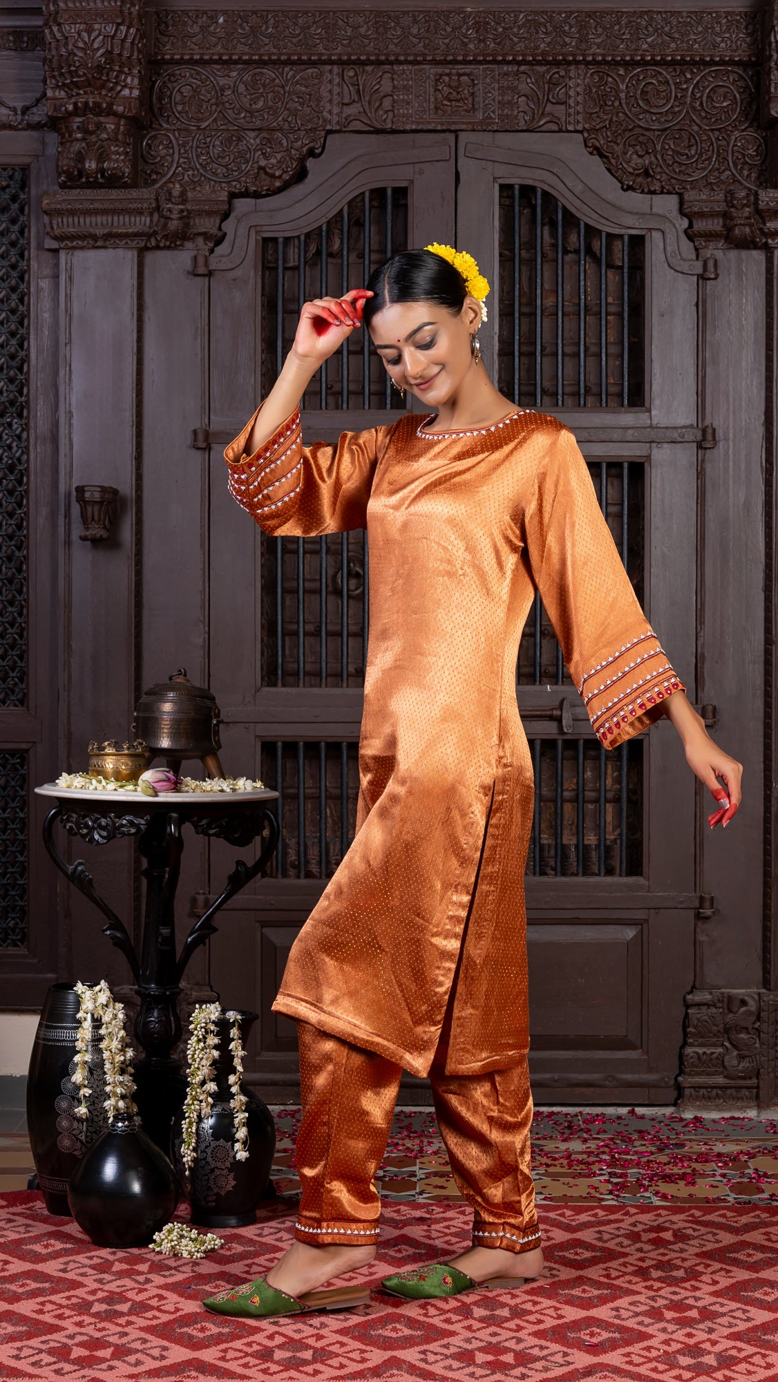 Rust Mashru Kurta Set with Delicate Aari Needlework