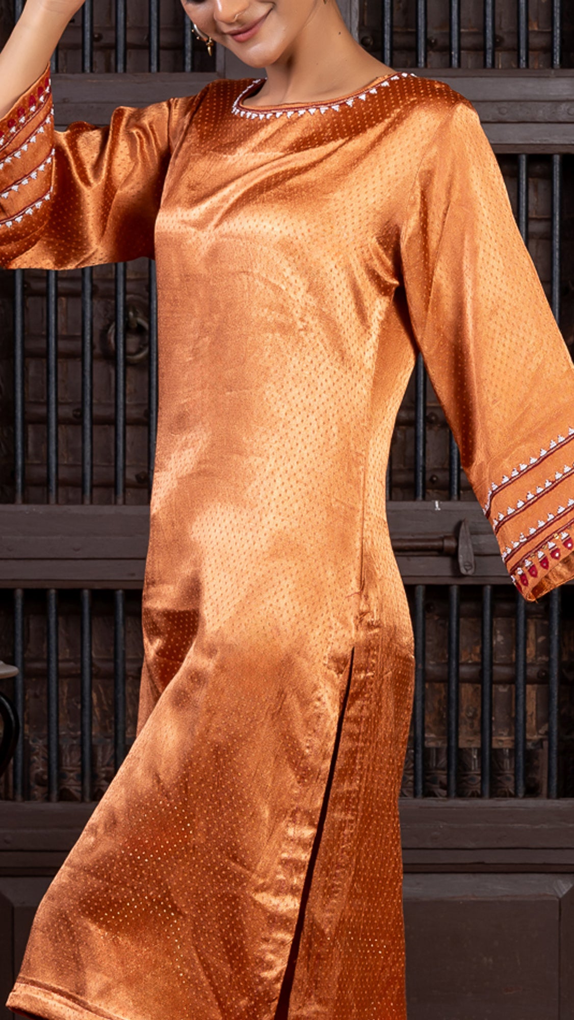 Rust Mashru Kurta Set with Delicate Aari Needlework