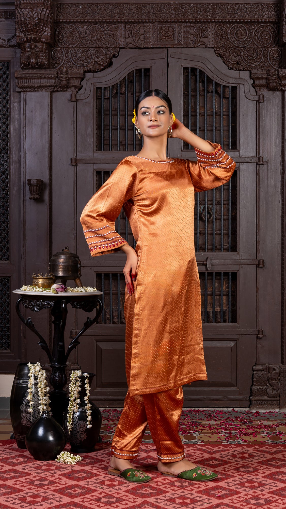 Rust Mashru Kurta Set with Delicate Aari Needlework