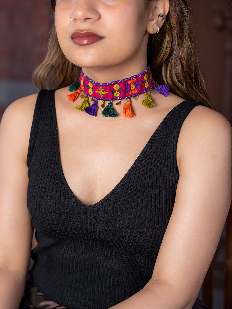 Pink Rabari Choker With Tassels
