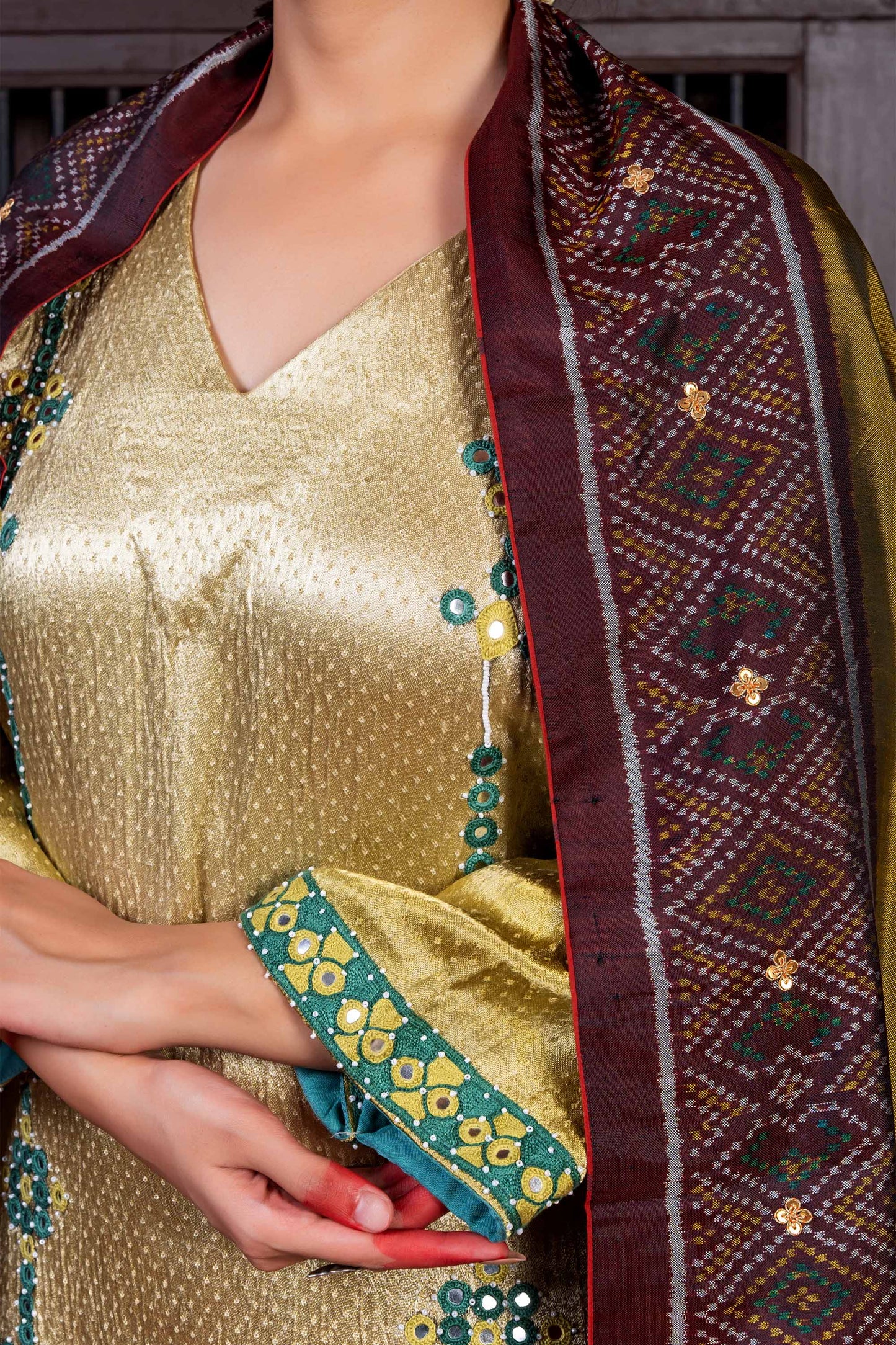 Handcrafted Olive-Mustard Patola Silk Dupatta With Khat Embroidery