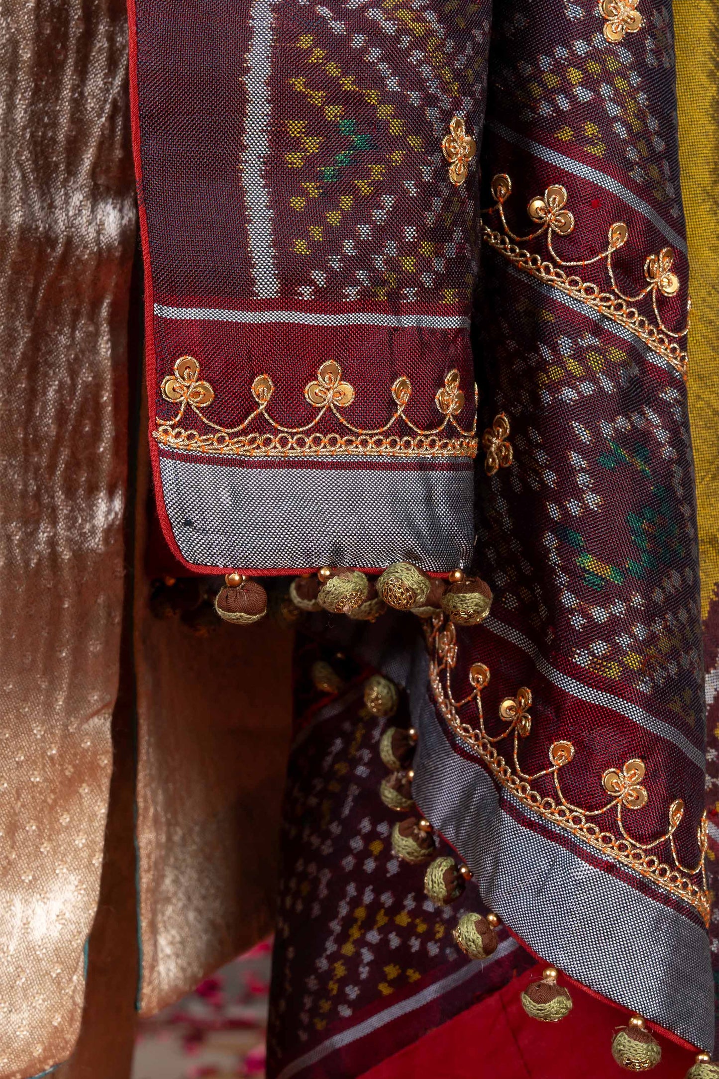 Handcrafted Olive-Mustard Patola Silk Dupatta With Khat Embroidery