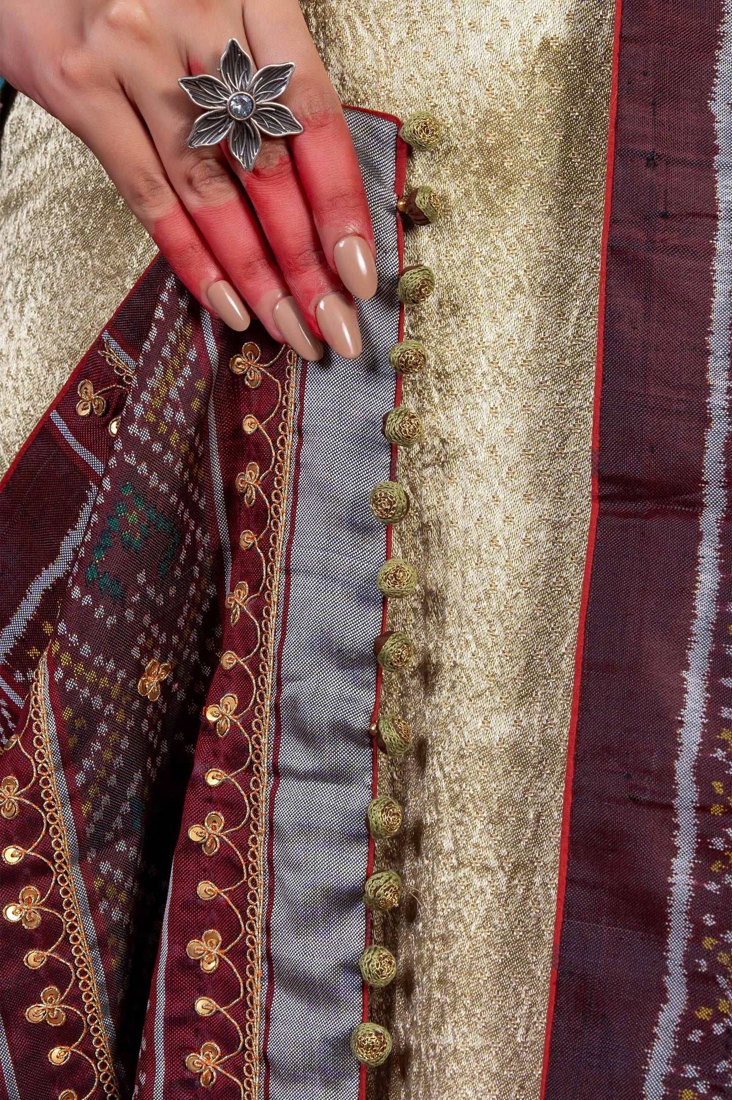 Handcrafted Olive-Mustard Patola Silk Dupatta With Khat Embroidery