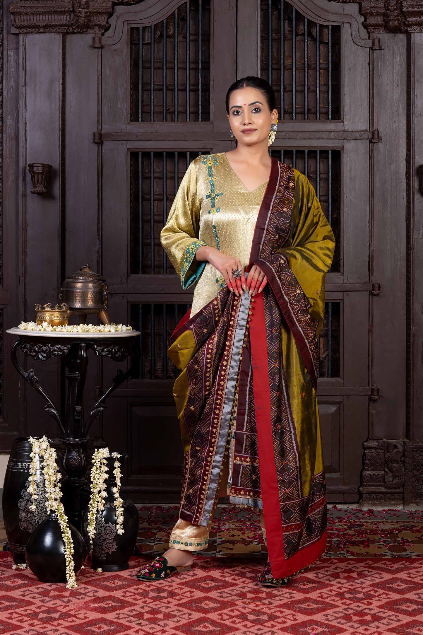 Handcrafted Olive-Mustard Patola Silk Dupatta With Khat Embroidery