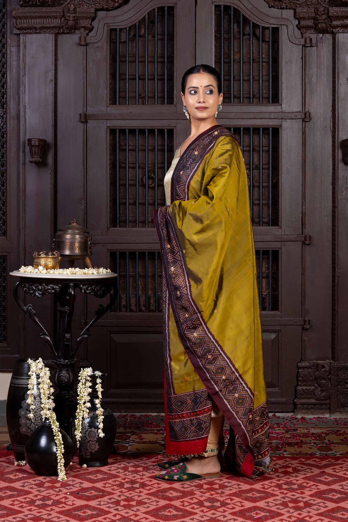 Handcrafted Olive-Mustard Patola Silk Dupatta With Khat Embroidery