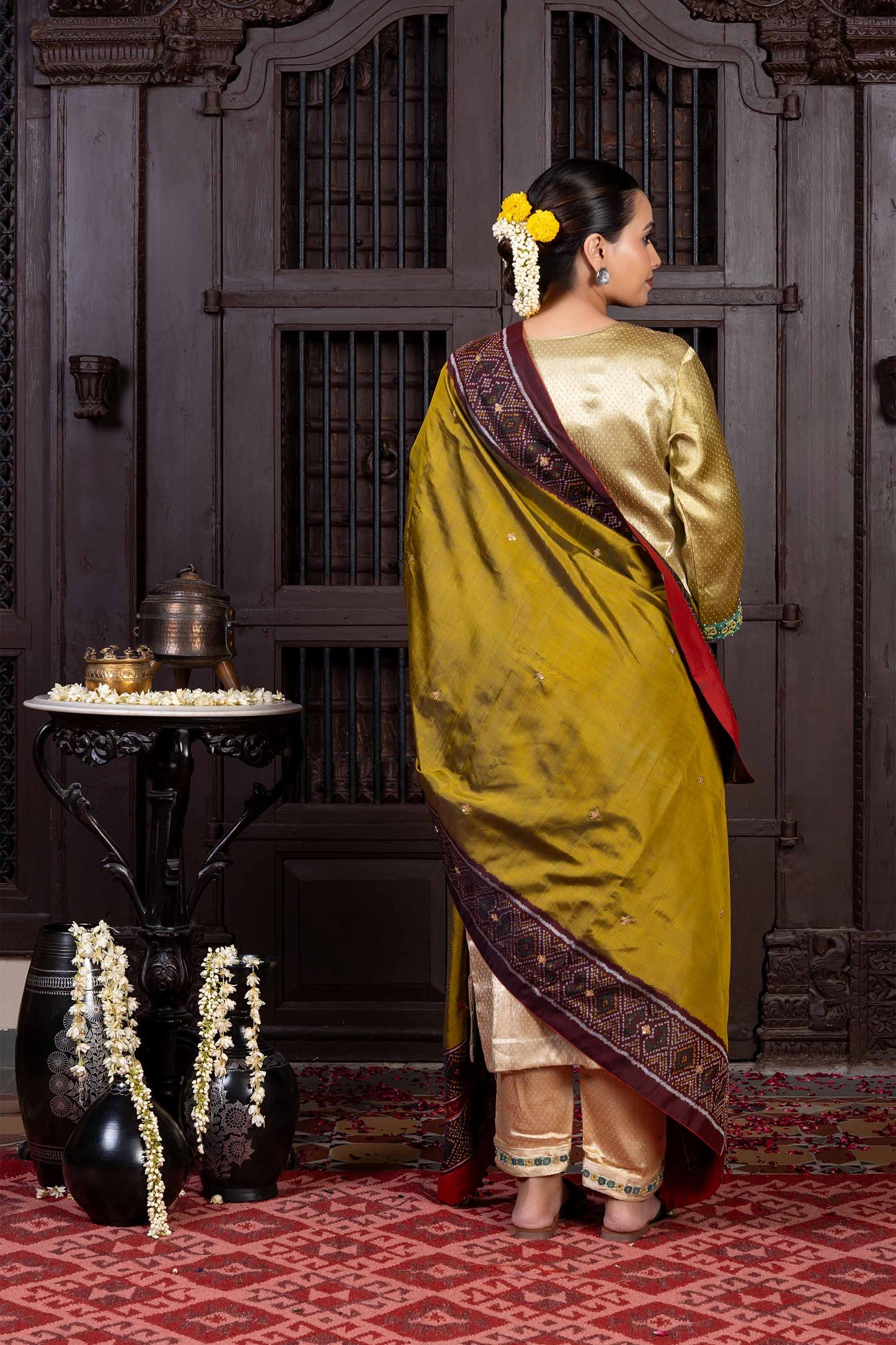 Handcrafted Olive-Mustard Patola Silk Dupatta With Khat Embroidery