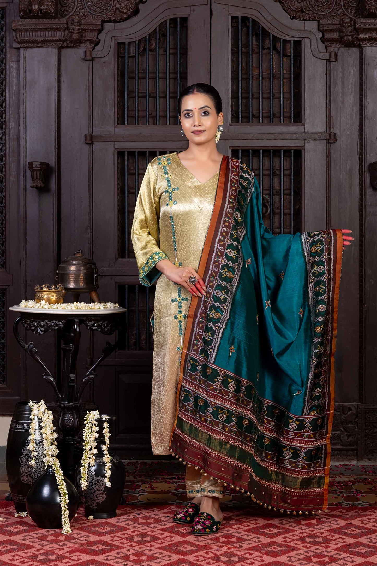 Handcrafted Deep Green Patola Silk Dupatta With Khat Embroidery