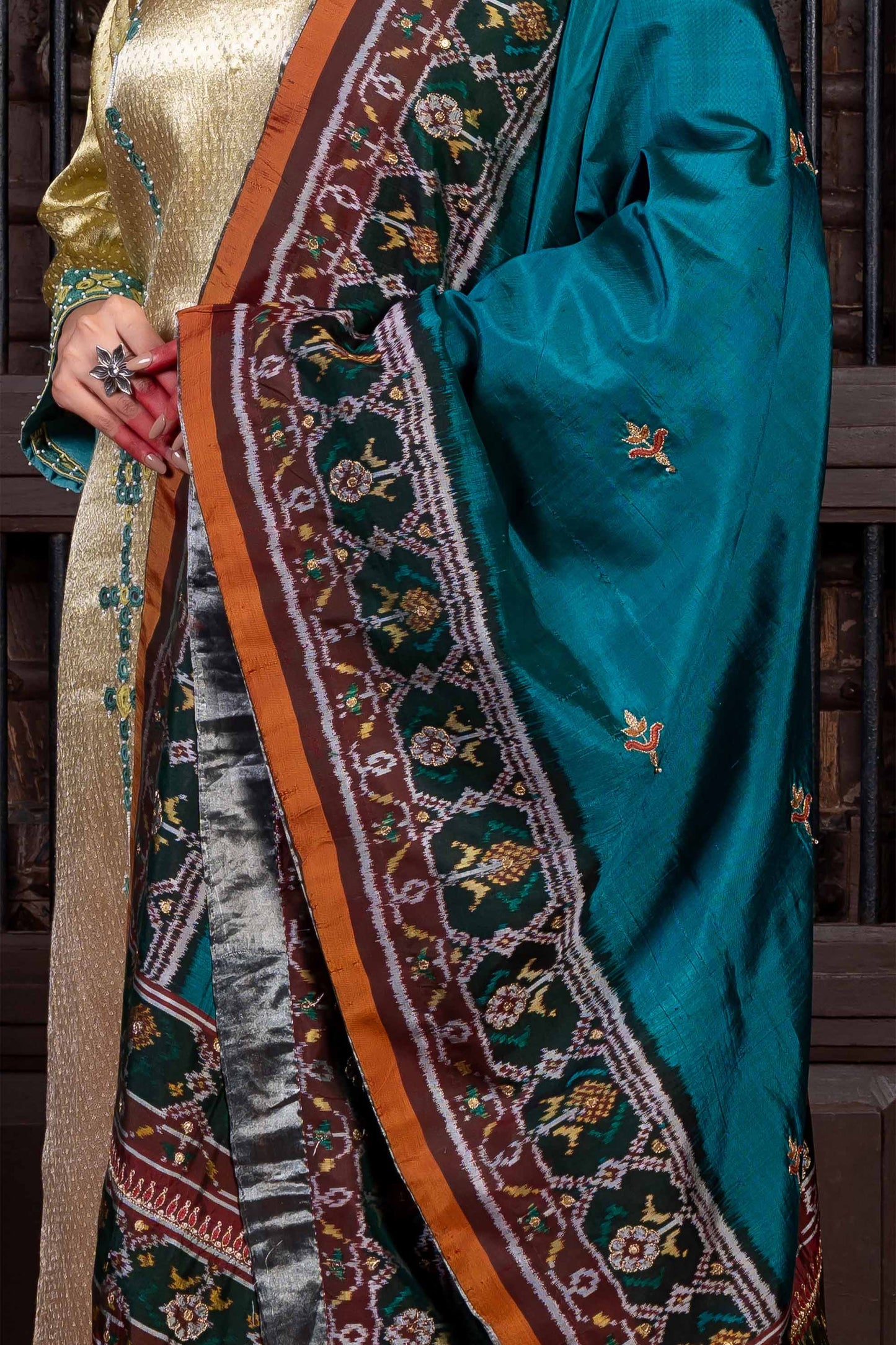 Handcrafted Deep Green Patola Silk Dupatta With Khat Embroidery