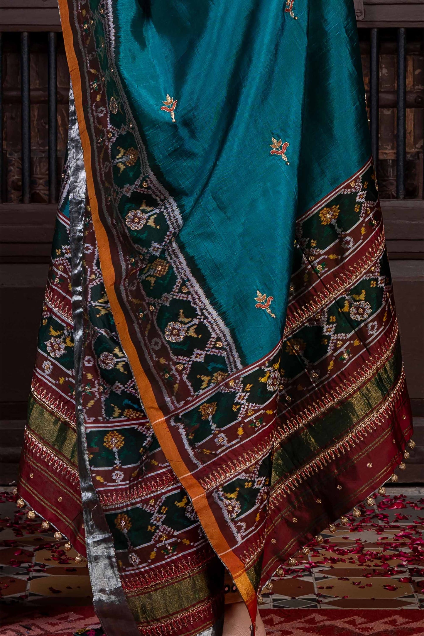 Handcrafted Deep Green Patola Silk Dupatta With Khat Embroidery