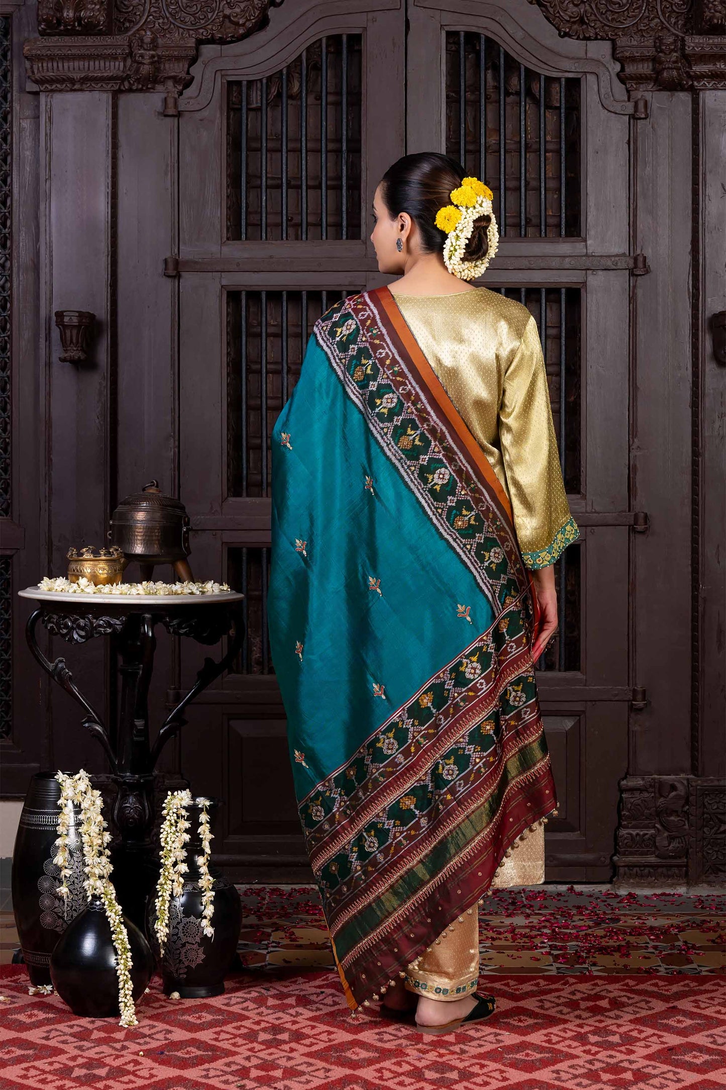 Handcrafted Deep Green Patola Silk Dupatta With Khat Embroidery