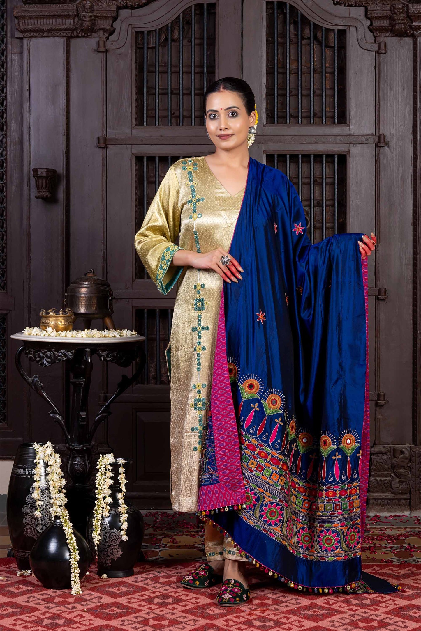 Handcrafted Dark Blue Silk Dupatta With Hand Work and Aari Embroidery