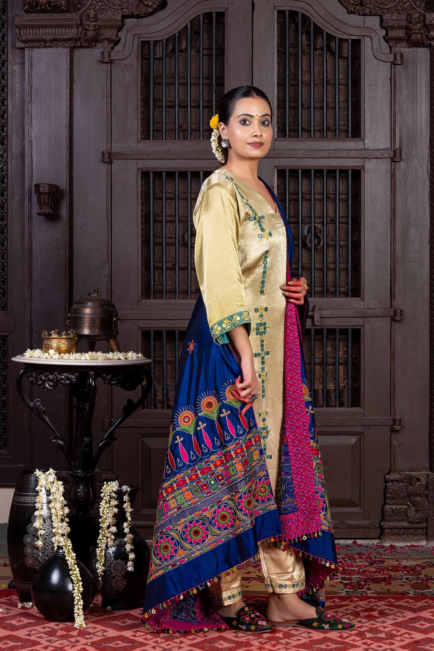 Handcrafted Dark Blue Silk Dupatta With Hand Work and Aari Embroidery