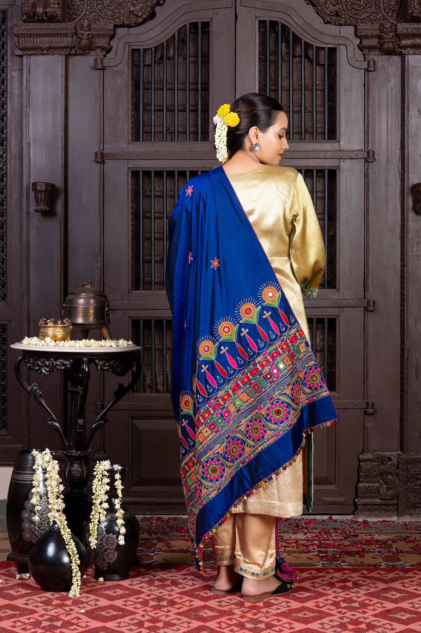 Handcrafted Dark Blue Silk Dupatta With Hand Work and Aari Embroidery