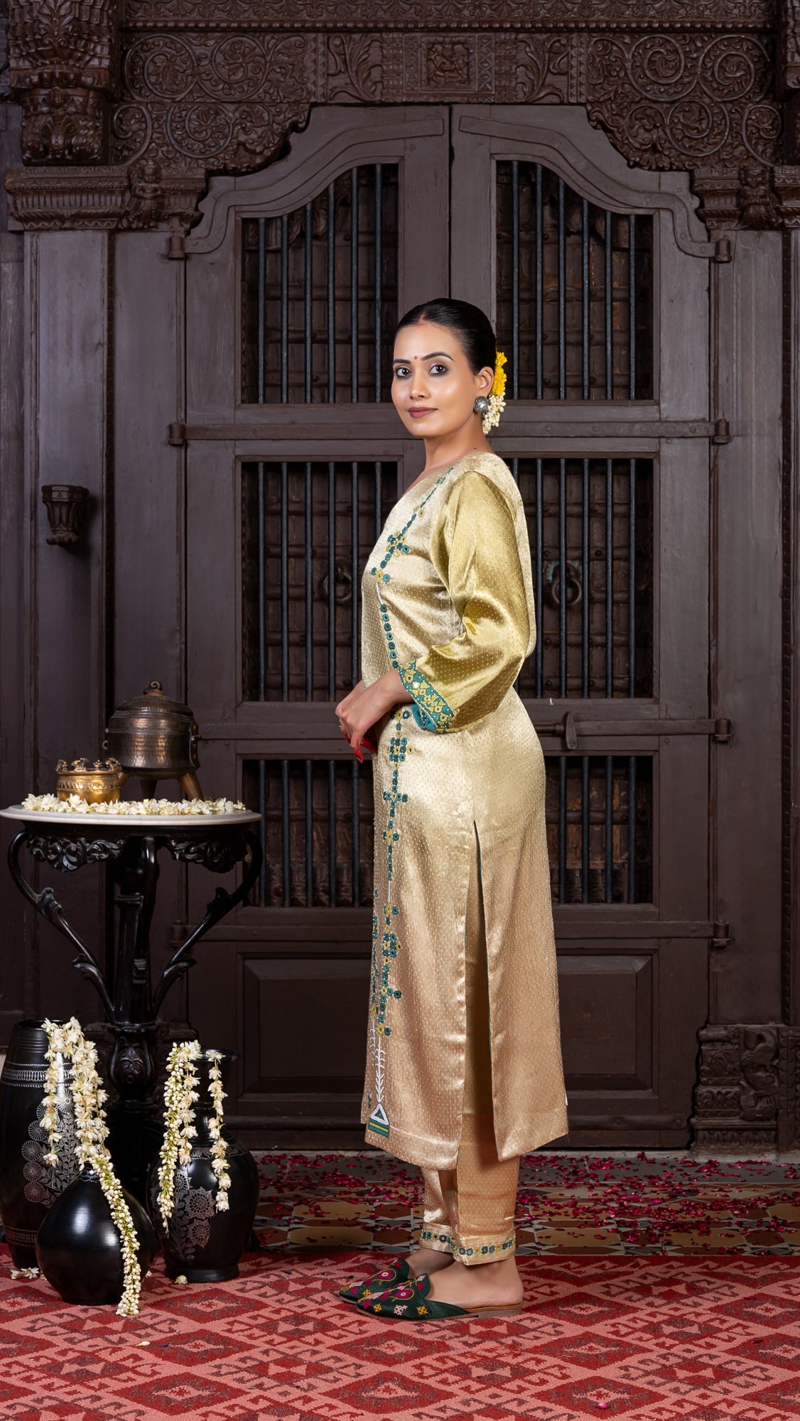 Ivory Mashru Kurta Set with Mirror-dotted Green Rabari Embroidery
