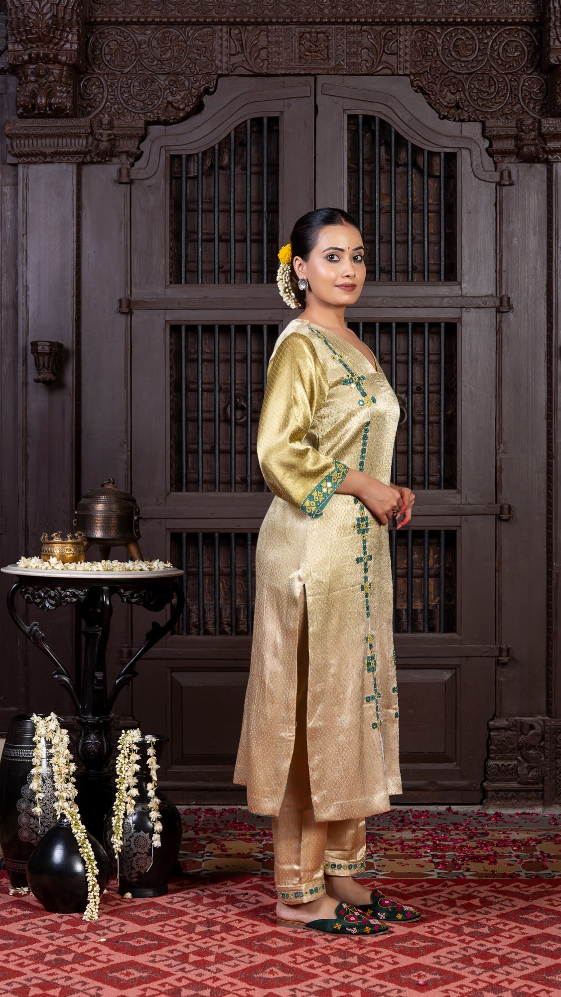 Ivory Mashru Kurta Set with Mirror-dotted Green Rabari Embroidery