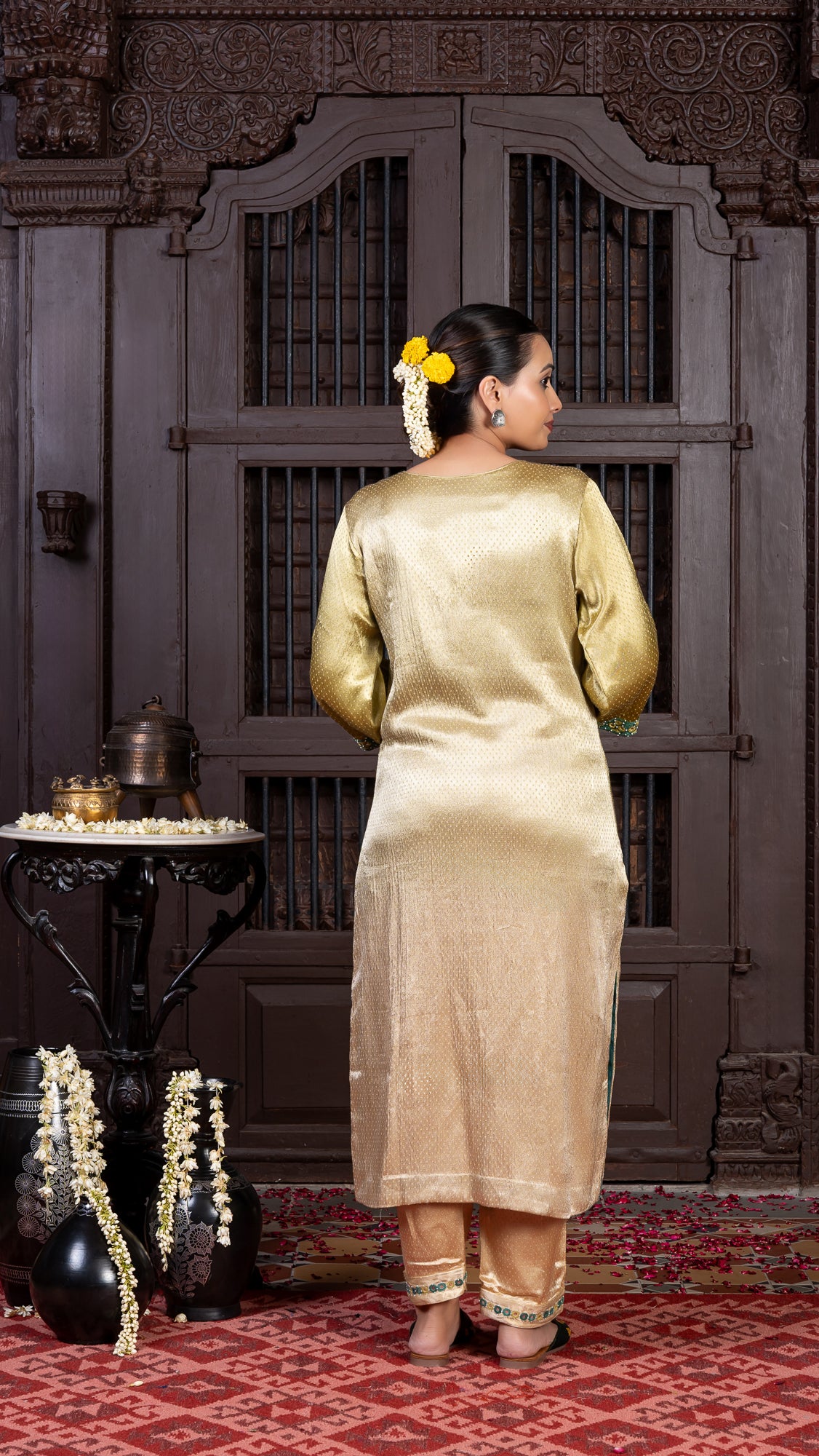 Ivory Mashru Kurta Set with Mirror-dotted Green Rabari Embroidery