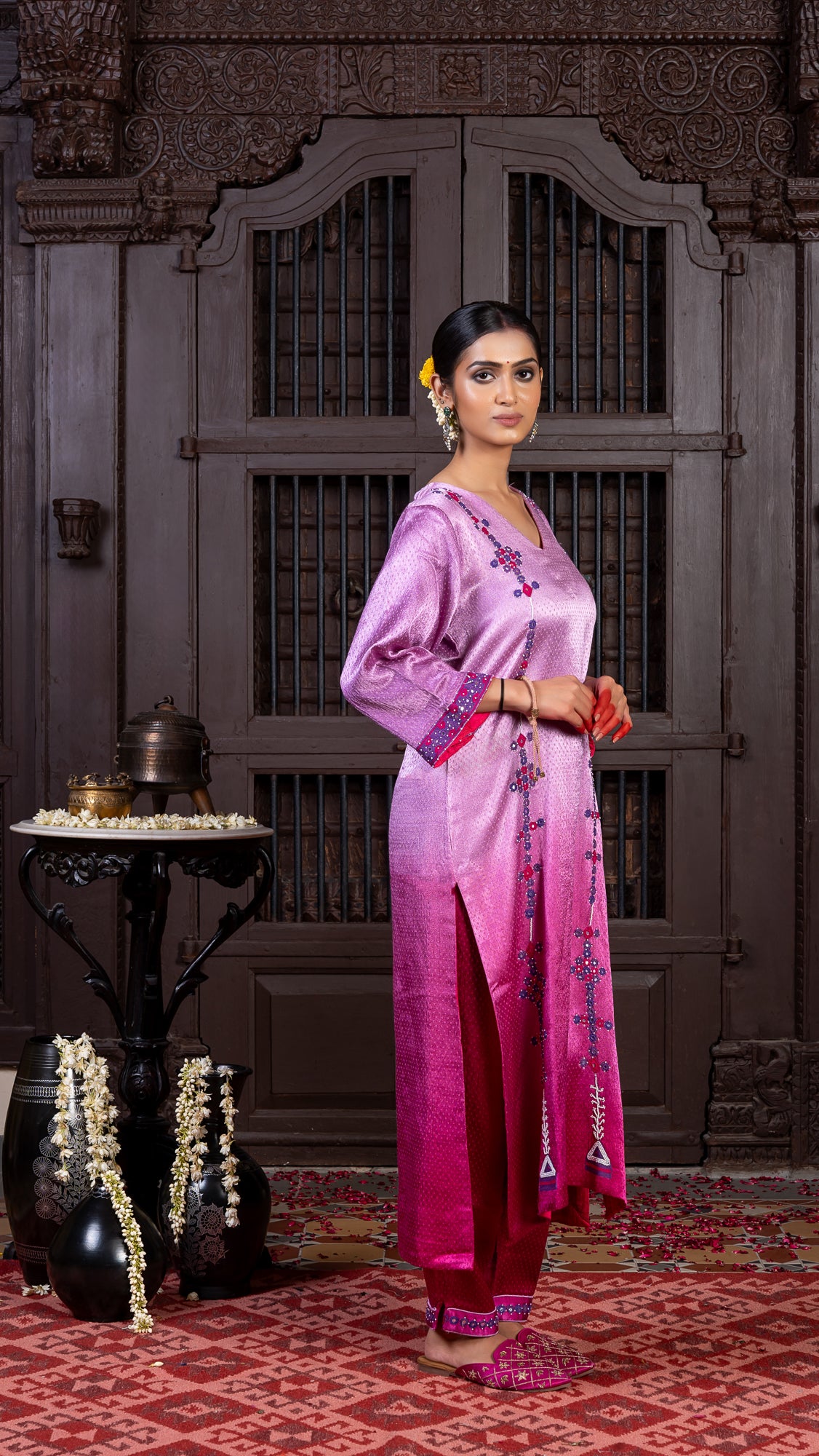 Pink to Violet Mashru Kurta Set with Mirror-Embellished Rabari Work