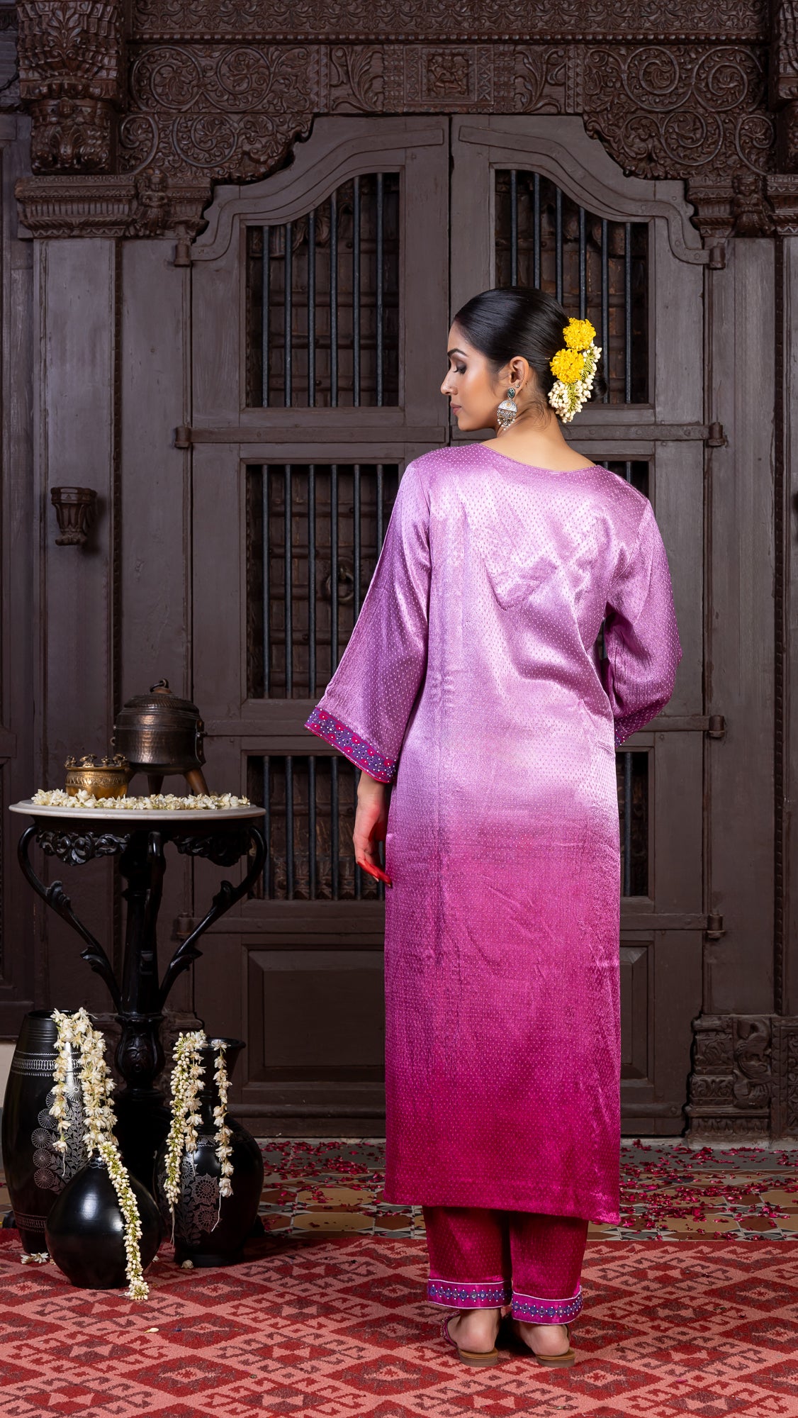 Pink to Violet Mashru Kurta Set with Mirror-Embellished Rabari Work