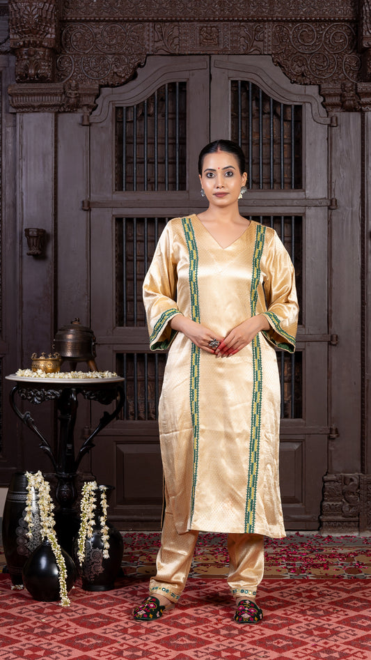 Ivory Mashru Kurta Set with Earth-toned Rabari Embroidery