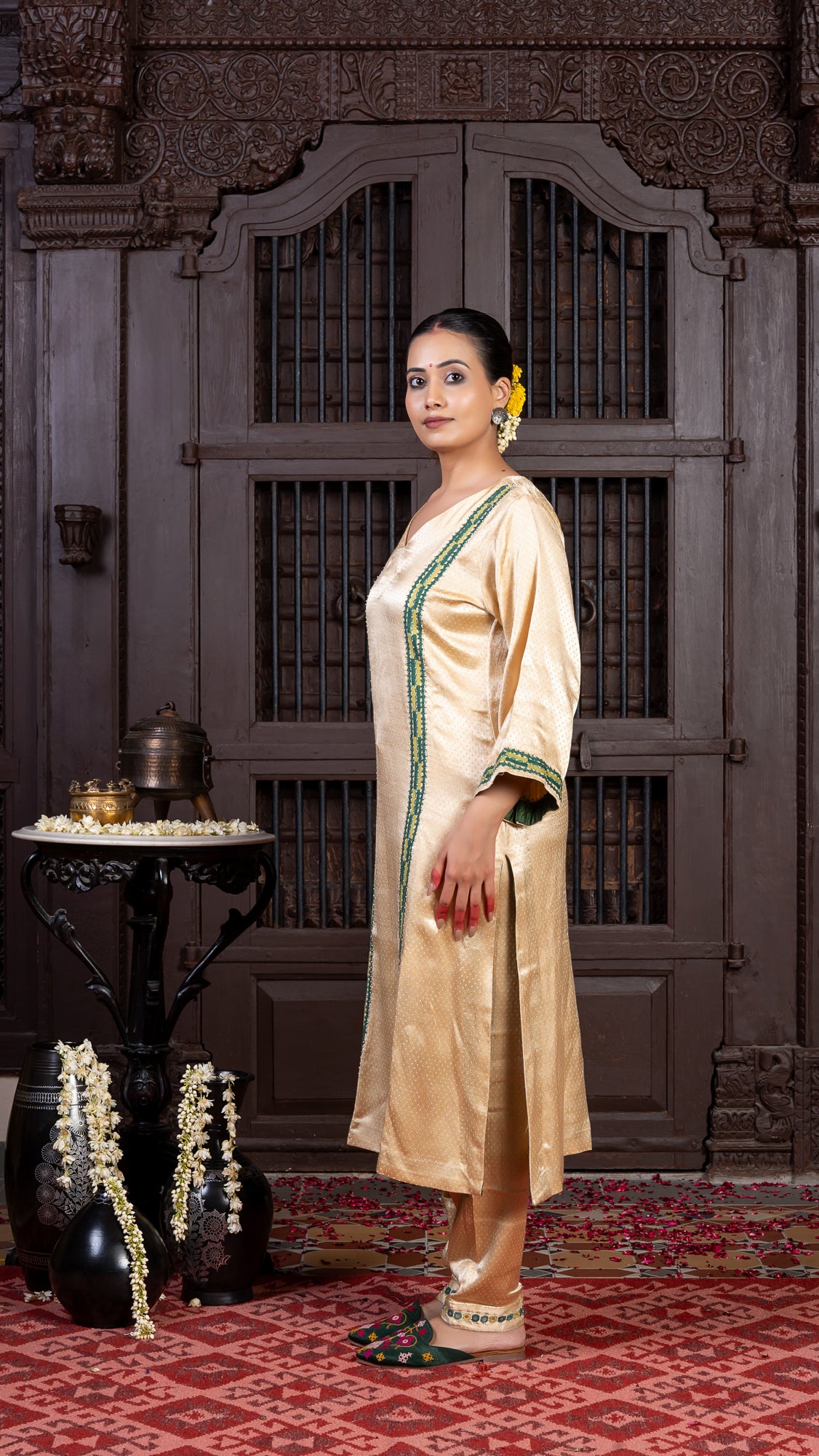 Ivory Mashru Kurta Set with Earth-toned Rabari Embroidery