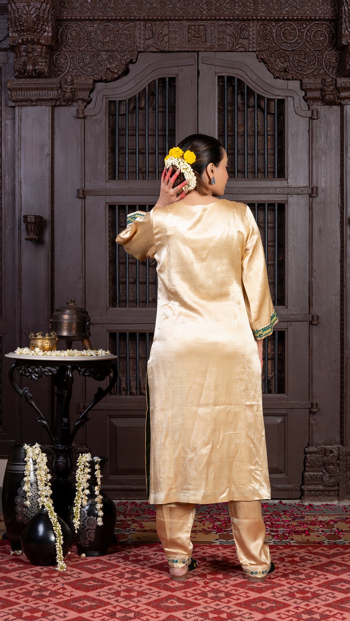 Ivory Mashru Kurta Set with Earth-toned Rabari Embroidery