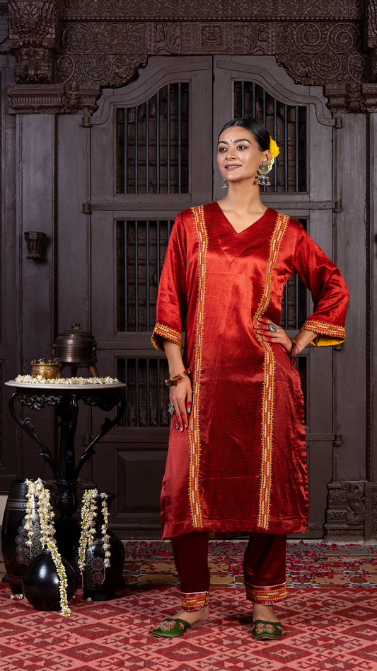 Maroon Mashru Kurta Set with Subtle Rabari Embroidery