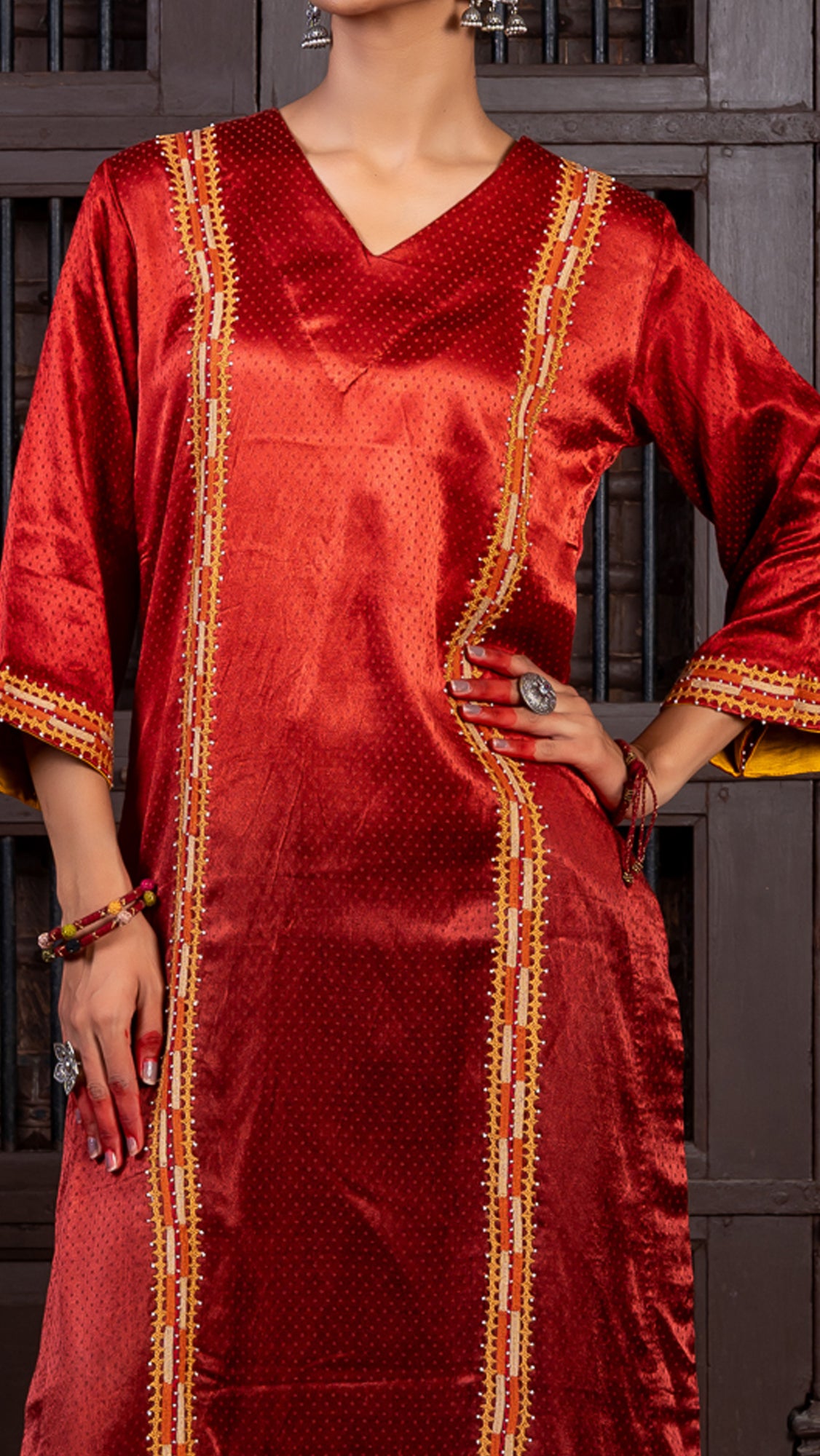 Maroon Mashru Kurta Set with Subtle Rabari Embroidery