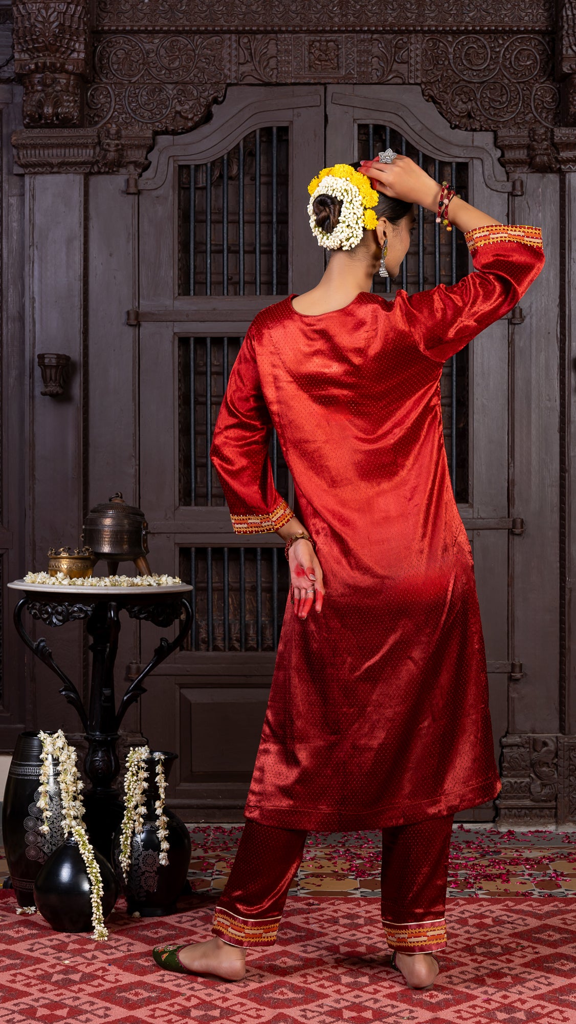 Maroon Mashru Kurta Set with Subtle Rabari Embroidery