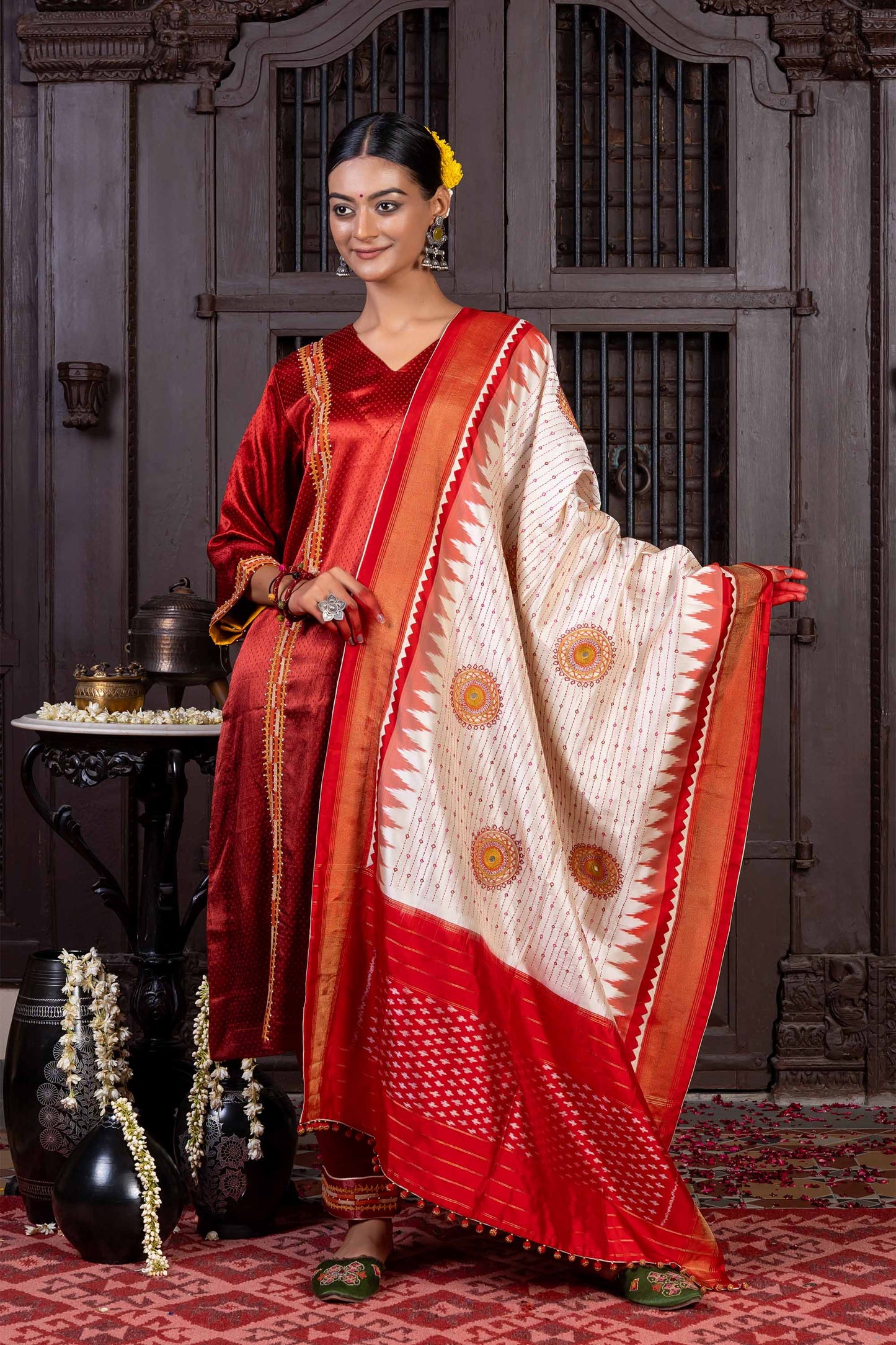Handwoven White and Red Ikkat Silk Dupatta With Hand Embroidery