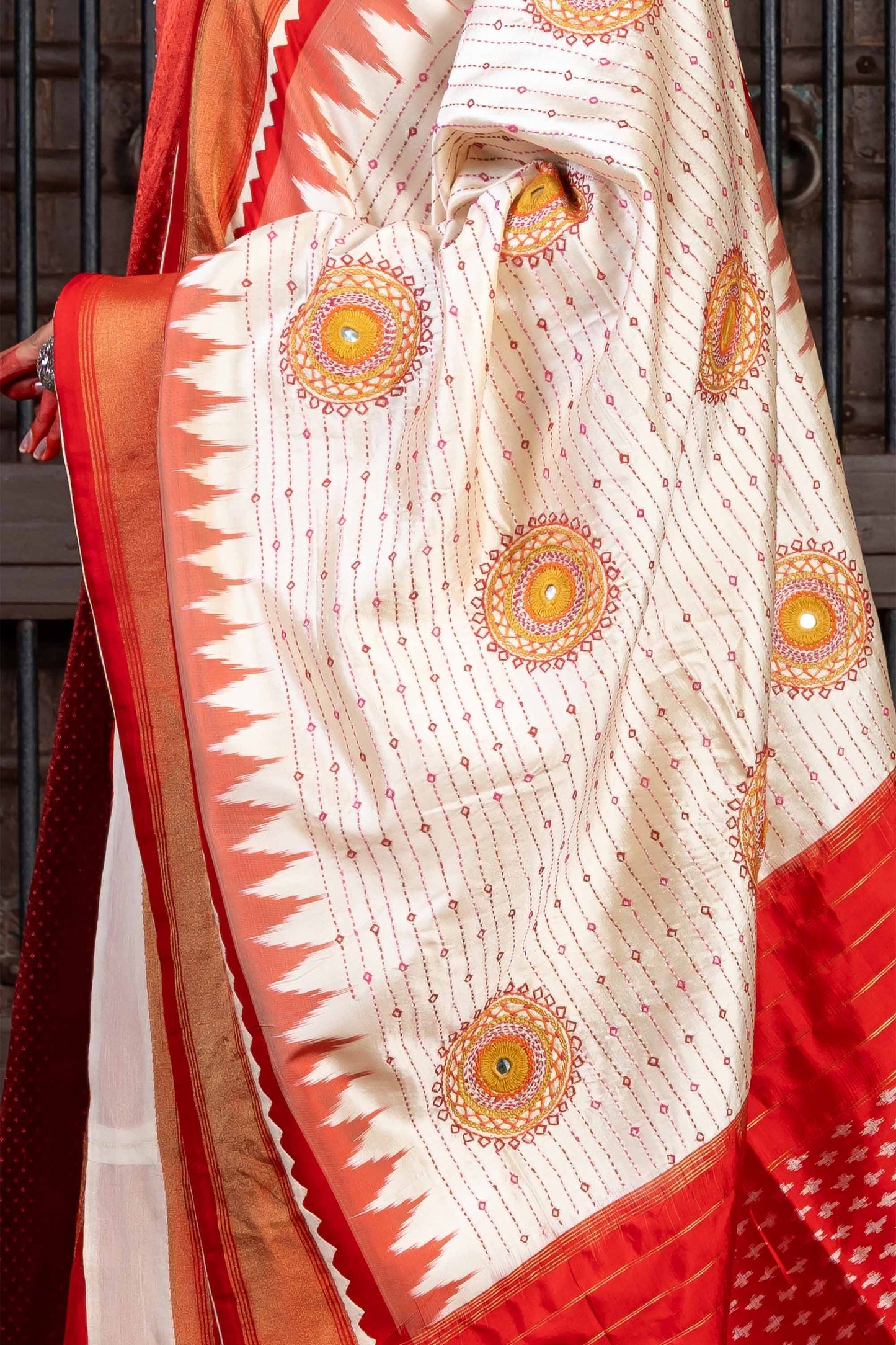 Handwoven White and Red Ikkat Silk Dupatta With Hand Embroidery