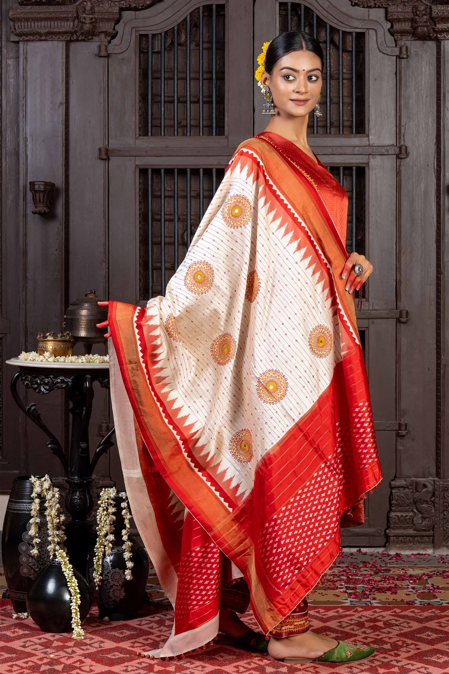 Handwoven White and Red Ikkat Silk Dupatta With Hand Embroidery