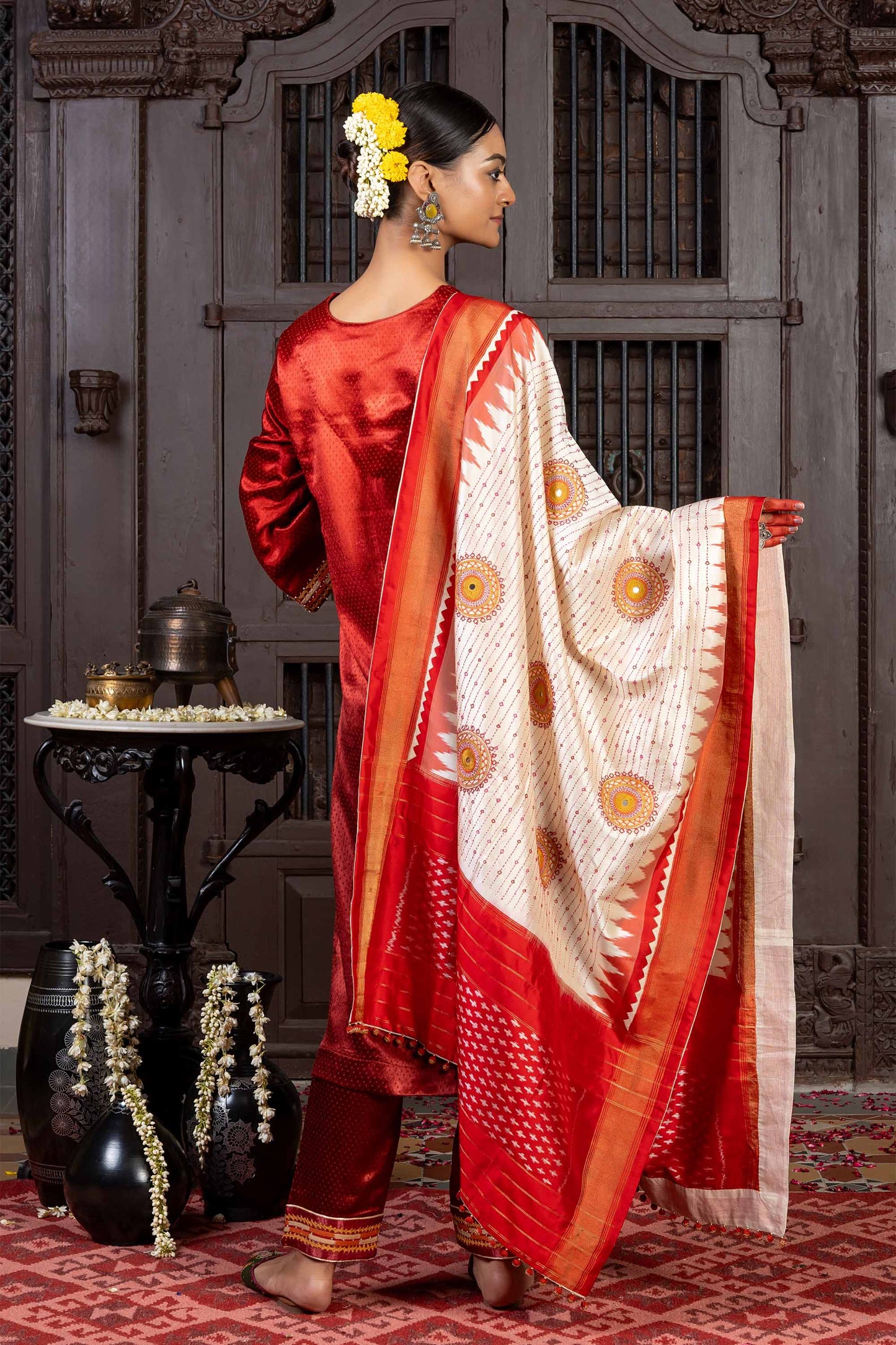 Handwoven White and Red Ikkat Silk Dupatta With Hand Embroidery