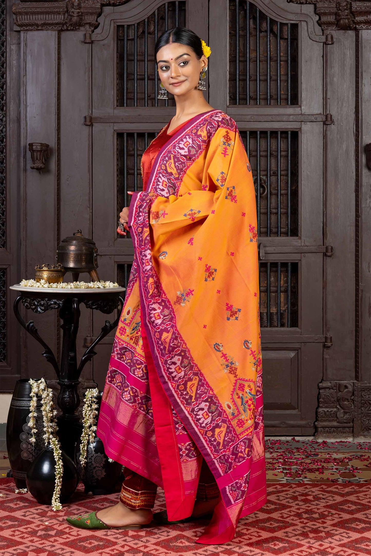 Handcrafted Orange Cotton Patola Dupatta With Rabari Embroidery