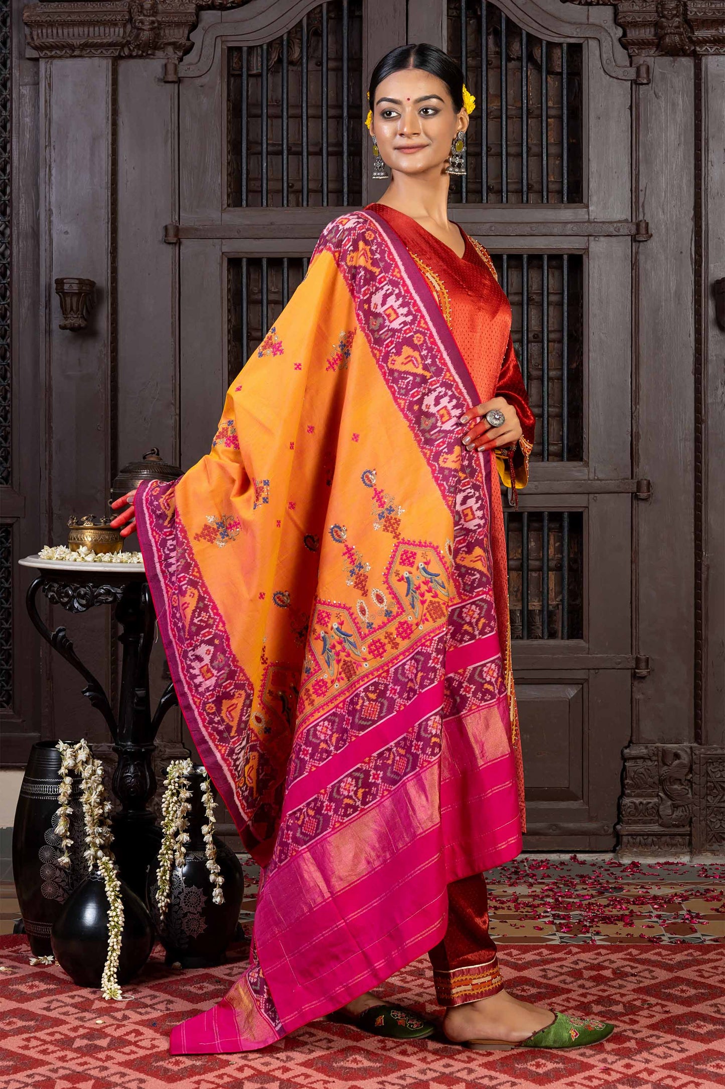 Handcrafted Orange Cotton Patola Dupatta With Rabari Embroidery