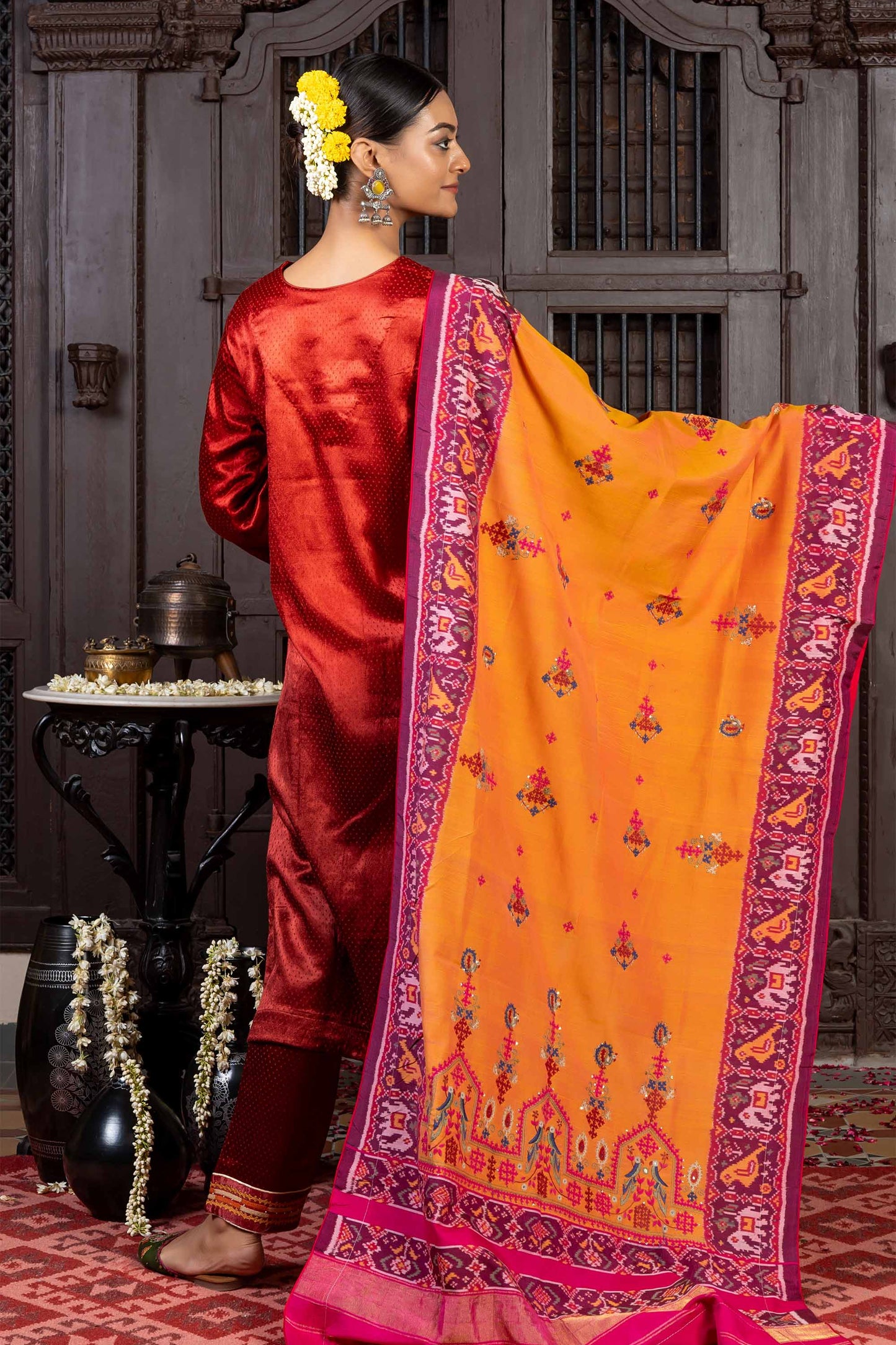 Handcrafted Orange Cotton Patola Dupatta With Rabari Embroidery