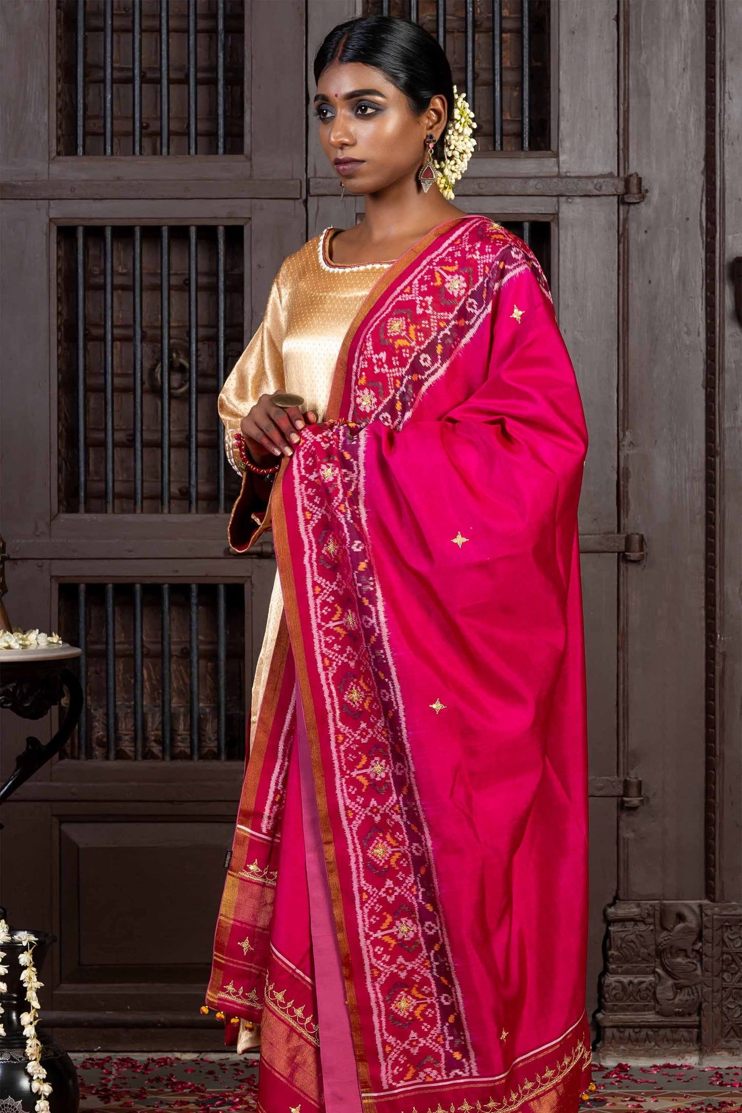 Handcrafted Pink Patola Silk Dupatta With Khat Embroidery