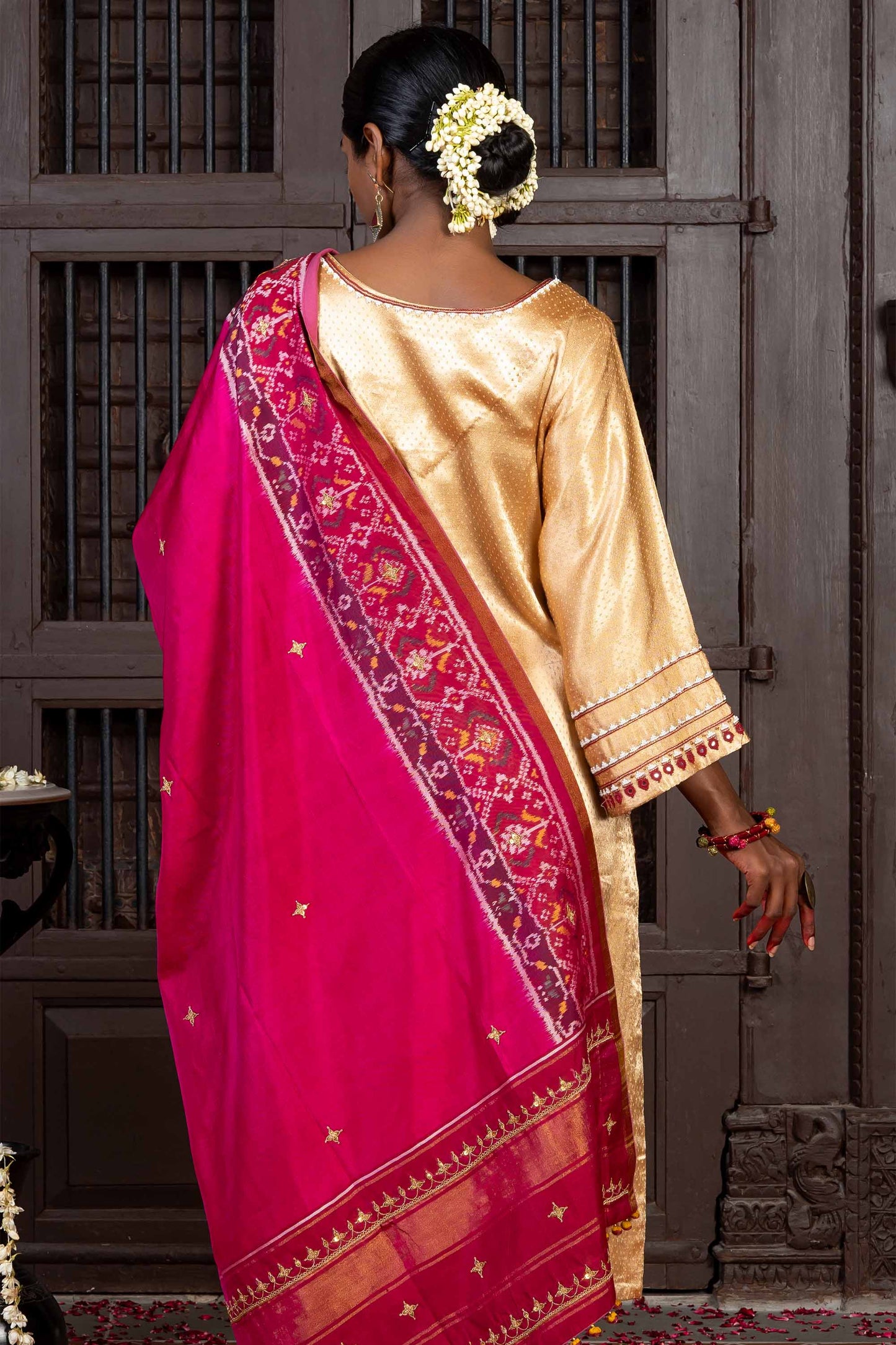 Handcrafted Pink Patola Silk Dupatta With Khat Embroidery