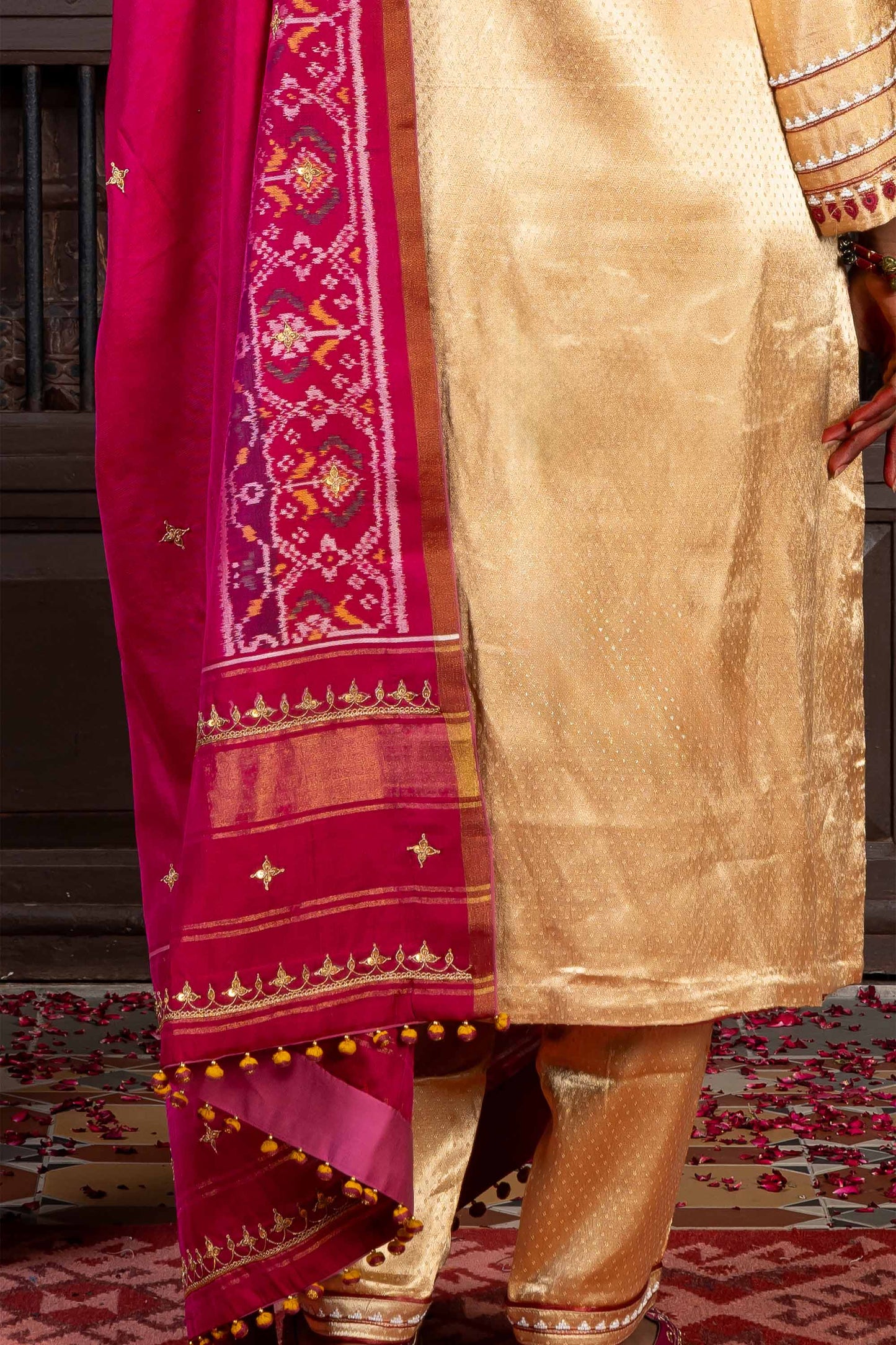 Handcrafted Pink Patola Silk Dupatta With Khat Embroidery