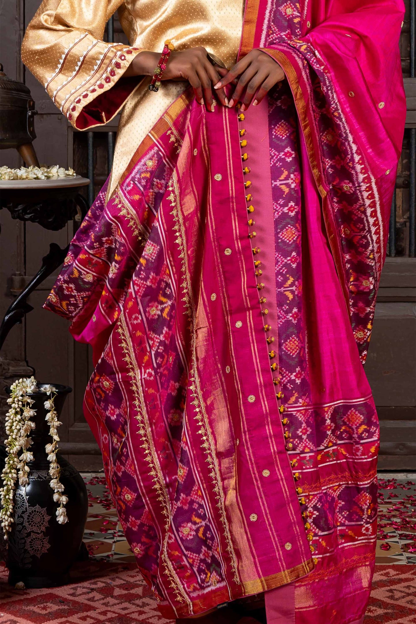 Handcrafted Pink Patola Silk Dupatta With Khat Embroidery