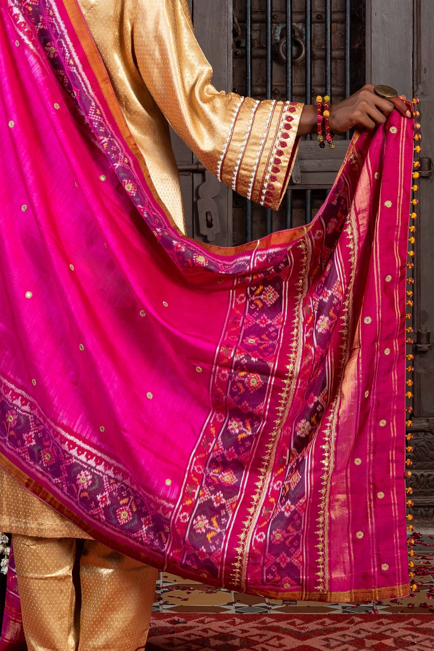 Handcrafted Pink Patola Silk Dupatta With Khat Embroidery
